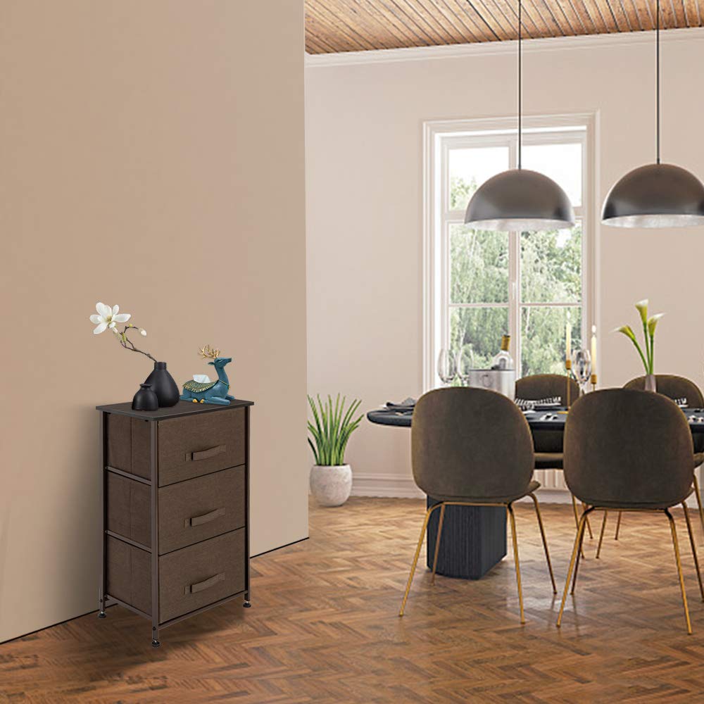 Modern Nightstand with 3 Fabric Drawers - Wood Top Bedside Table with Storage Bins - Lightweight Accent Furniture for Bedroom, Nursery, Hallway & Entryway - Perfect for Small Spaces & Apartment Living (Brown)