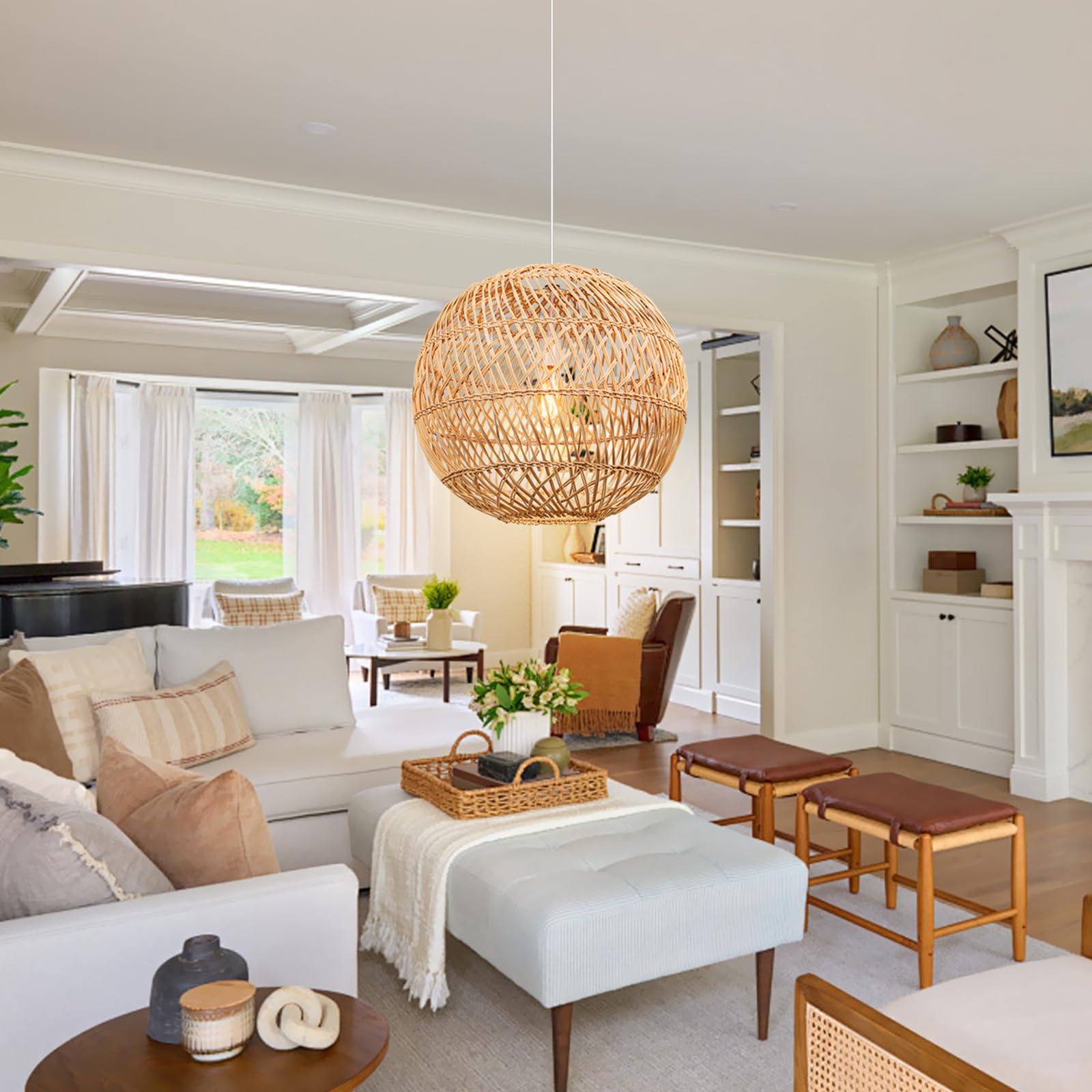 1 Light Rattan Chandelier - Boho Wicker Pendant Light Fixture with Round Shape for Living Room, Bedroom & Kitchen - Rustic Beige Woven Ceiling Hanging Lighting for Dining Room, Farmhouse Decor - Perfect for Boho, Coastal & Cottage Style Homes