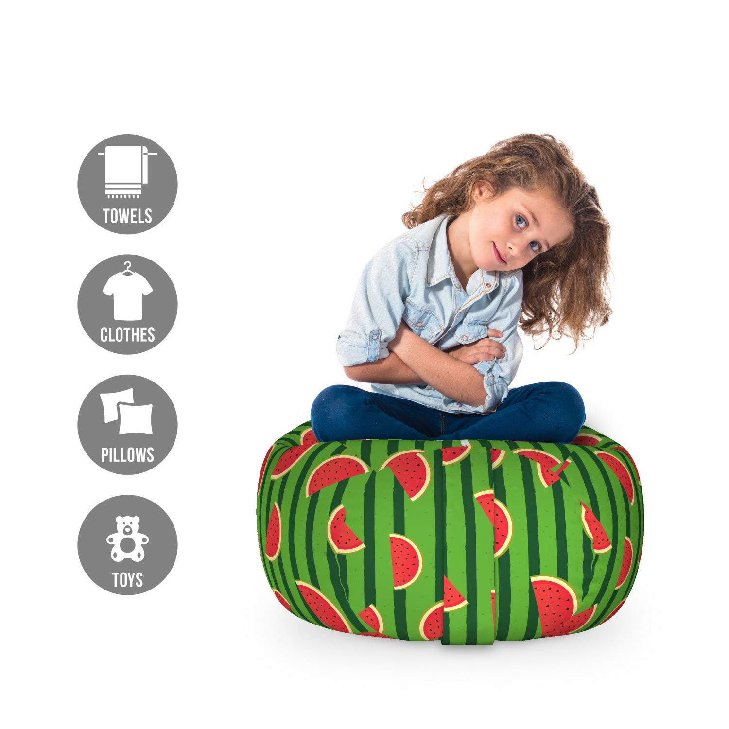 Ambesonne Watermelon Toy Storage Bag Chair - Cartoon Melon Slices Vertical Stripes Design, Washable Stuffed Animal Organizer for Kids Room - Small Size in Fern Green & Hunter Green - Perfect for Playroom Organization & Children's Bedroom Decor