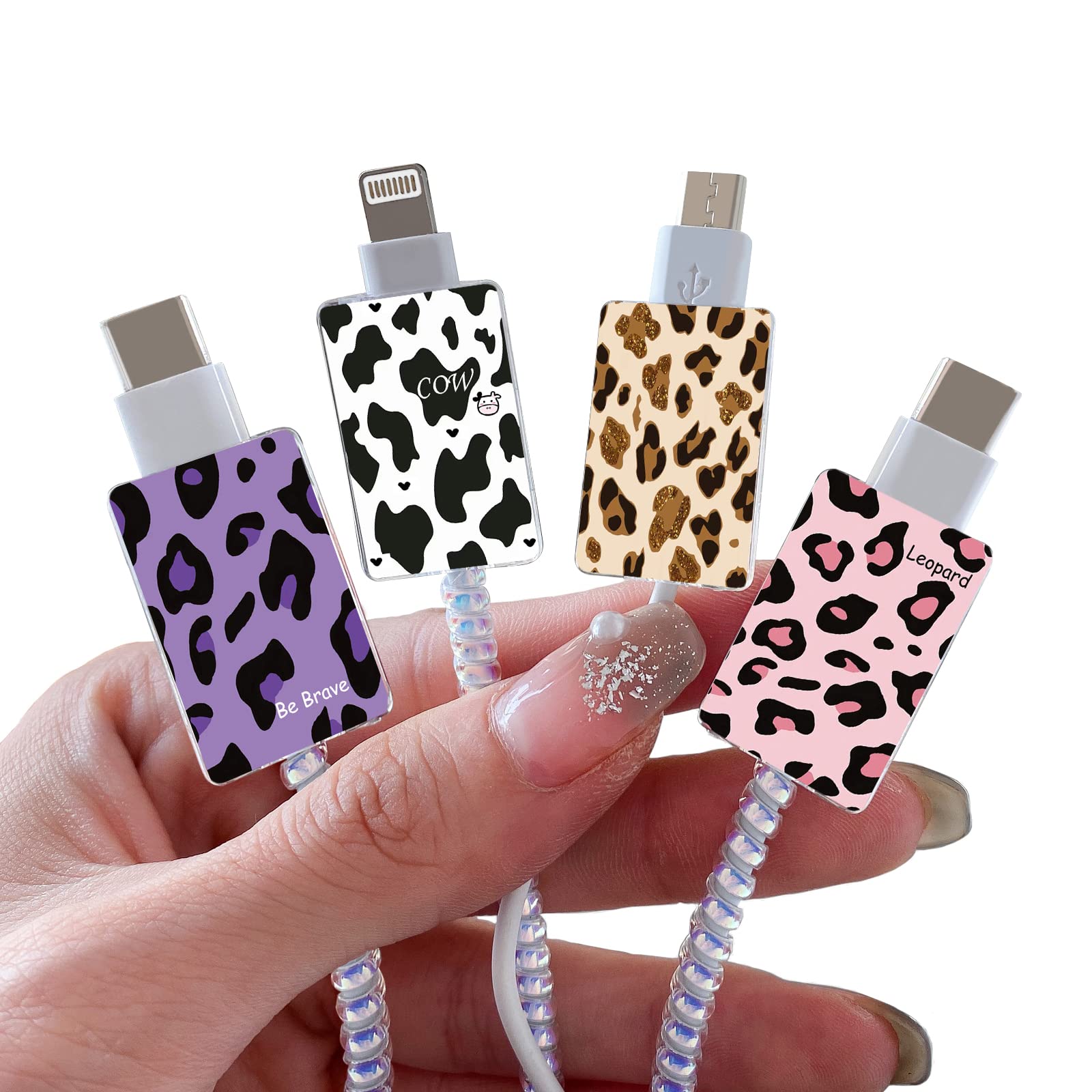 Cute Leopard Cow Print Cable Protector for iPhone & Type-C Charger - 4pc Set, Kawaii Charging Cord Protector for Women & Girls - Prevent Cable Damage - Perfect for Home, Office & Travel Use