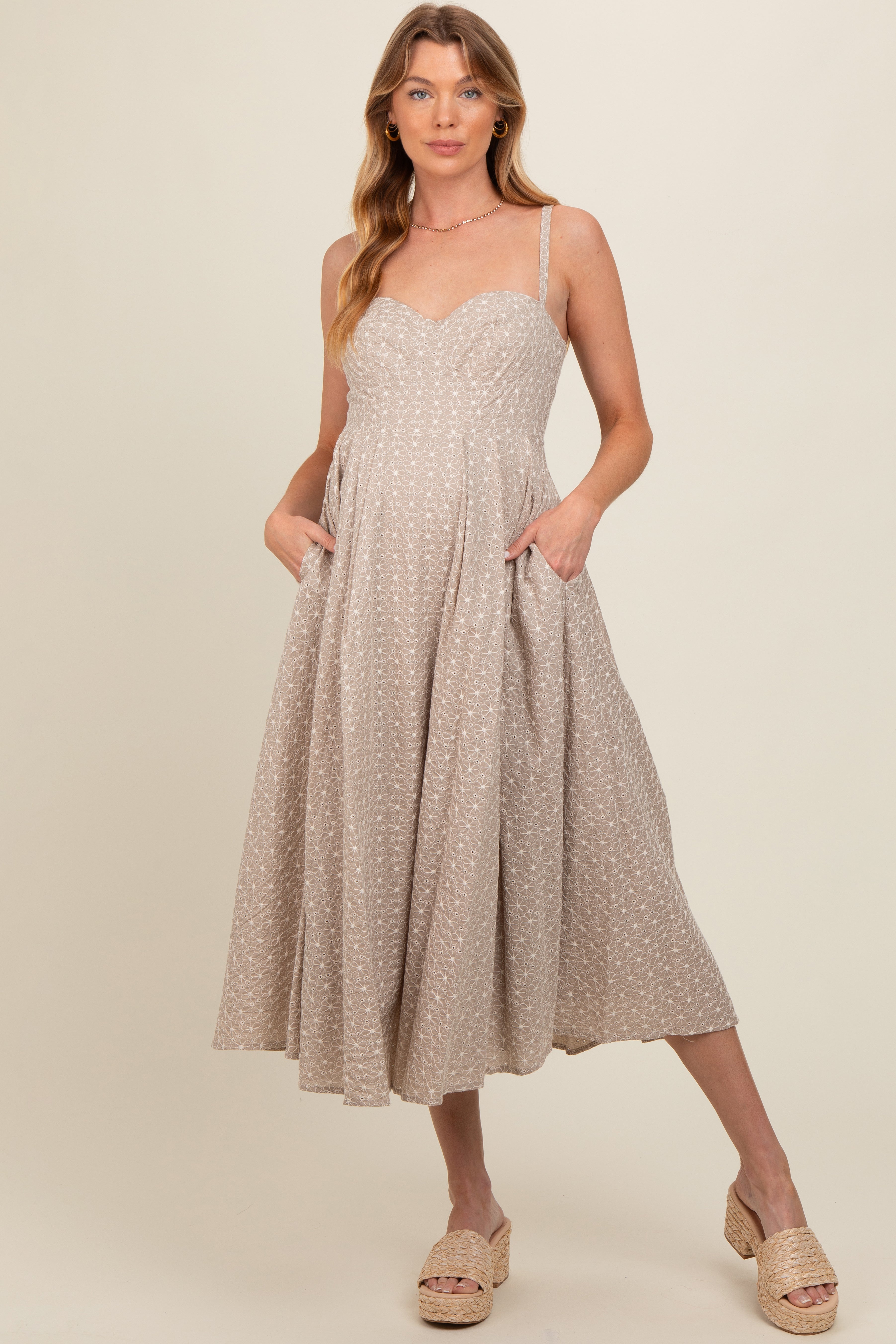 Beige Floral Embroidered Maternity Maxi Dress for Pregnancy - Comfortable Summer Nursing Dress for Baby Shower, Beach & Photoshoot