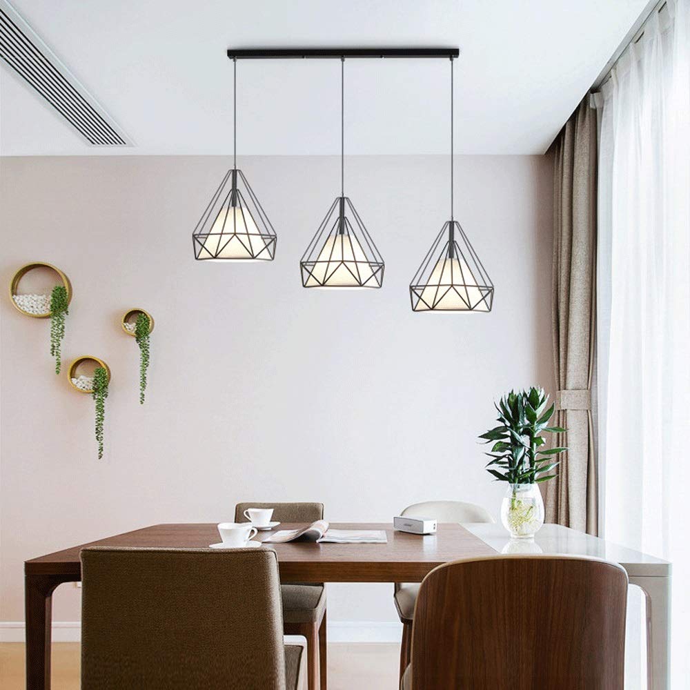 3-Light Wrought Iron Pendant Light Fixture with Wire Cage Lampshade - E27 Base Diamond Style Suspension Lamp - Nordic Minimalist Hanging Light for Dining Room, Kitchen Island, Balcony, Bar, Cafe & Bedroom (Black)