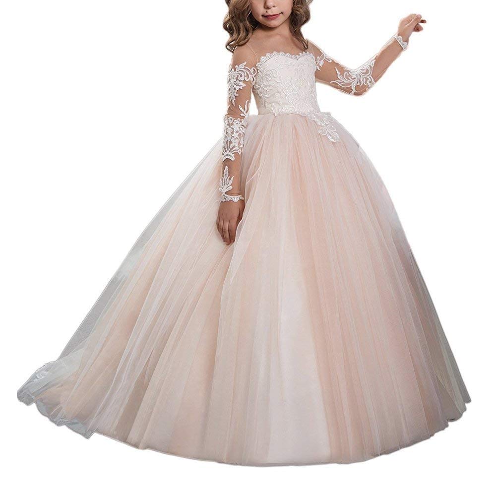Lace Embroidery Sheer Long Sleeve Flower Girl Dresses for Kids - Perfect for Weddings, Baptisms & Special Occasions