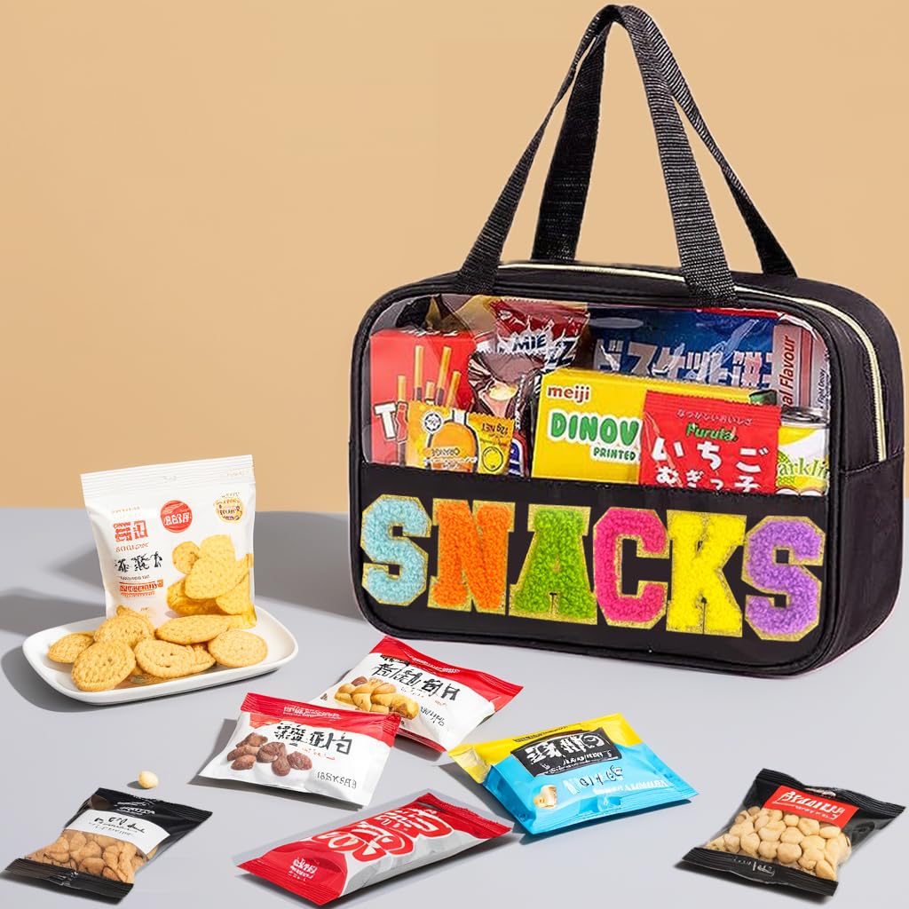 Waterproof Nylon Chenille Letter Snack Bag with Handle & Zipper - Clear Portable Travel Pouch for Women, Perfect for School Lunches, Gym Snacks, Makeup Storage & Beach Essentials