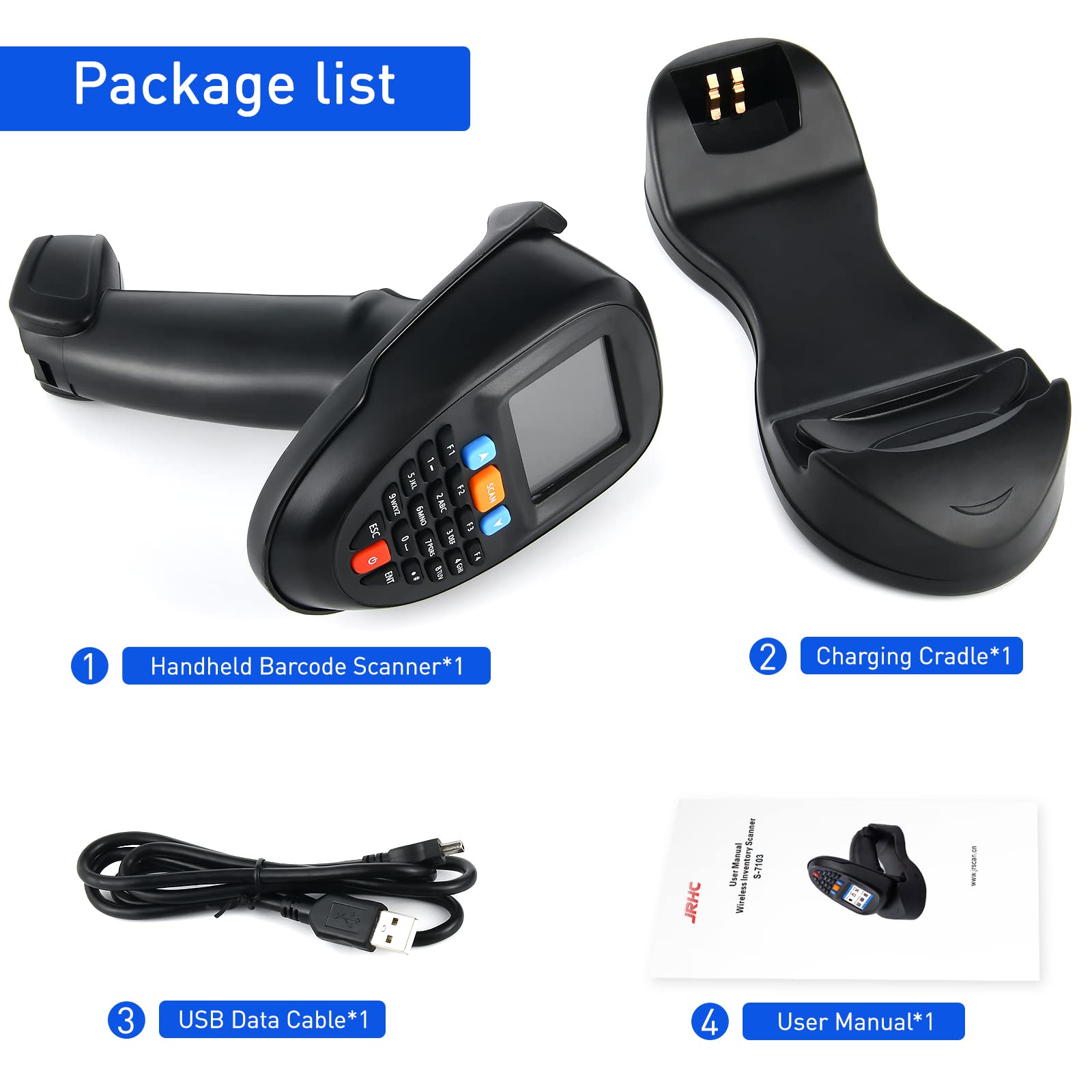 JRHC Wireless Inventory Scanner - 1D Barcode Reader with Charging Base, 2.4G & USB Connection, 2.2