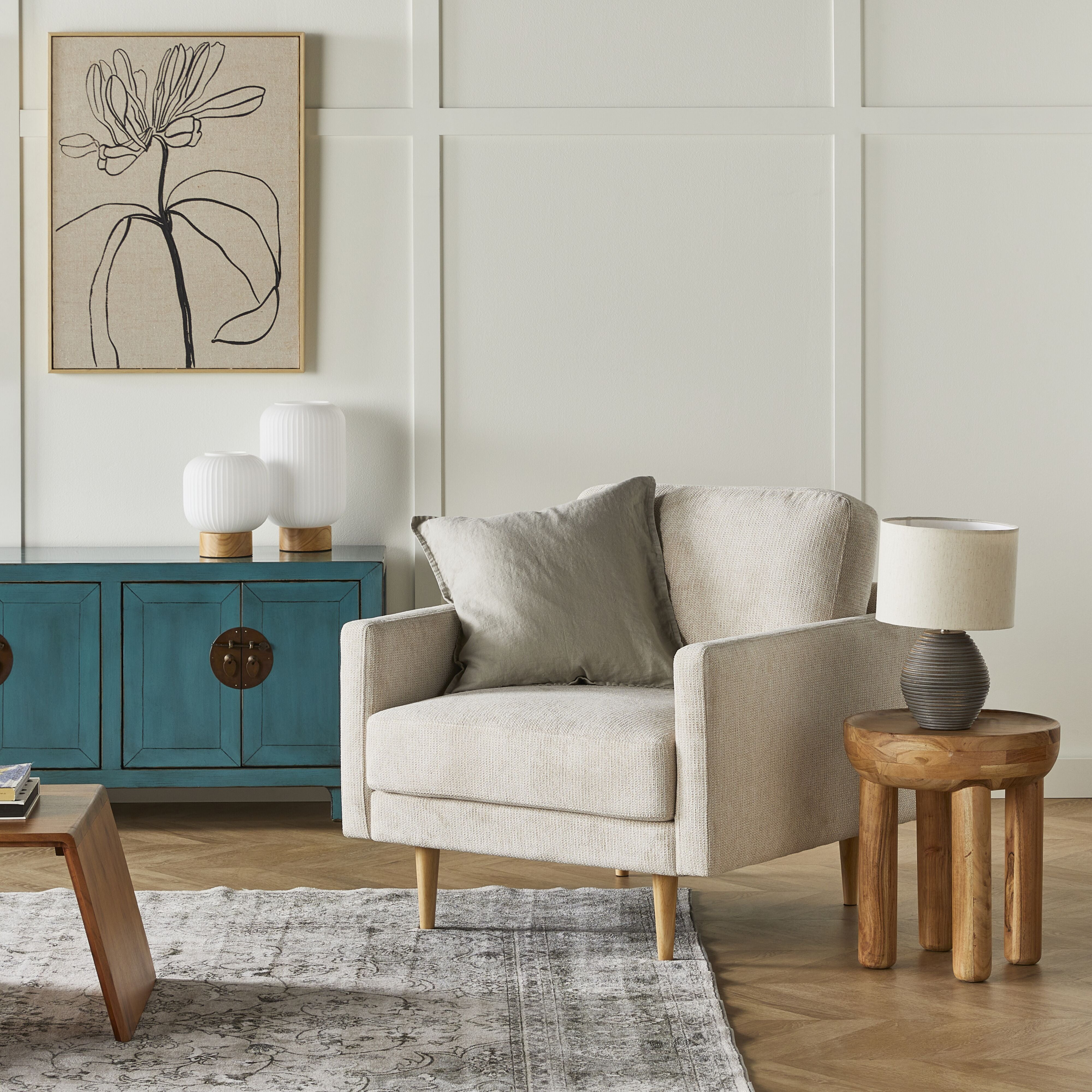 Sorrento Almond Upholstered Armchair by Boden - Modern Living Room Accent Chair for Home & Office Comfort