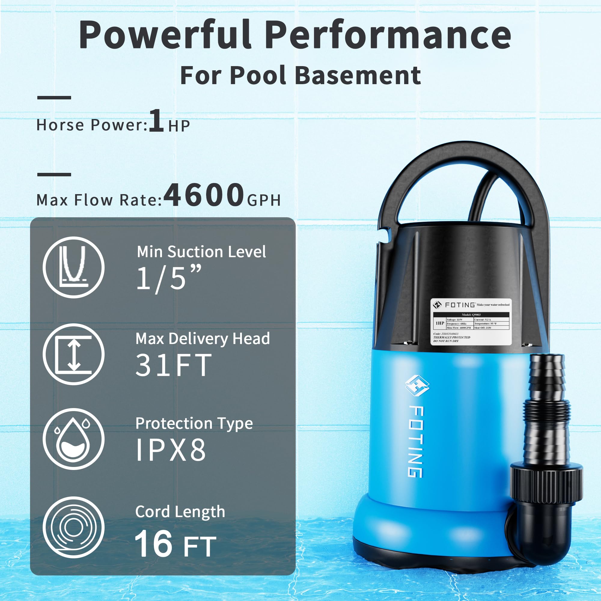 1HP FOTING Submersible Sump Pump - 4600GPH High Flow Clean/Dirty Water Pump with 16ft Power Cord - Portable Thermoplastic Utility Pump for Swimming Pools, Garden Ponds, Basement Flooding & Water Transfer - Ideal for Emergency Drainage, Irrigation, and Home Maintenance