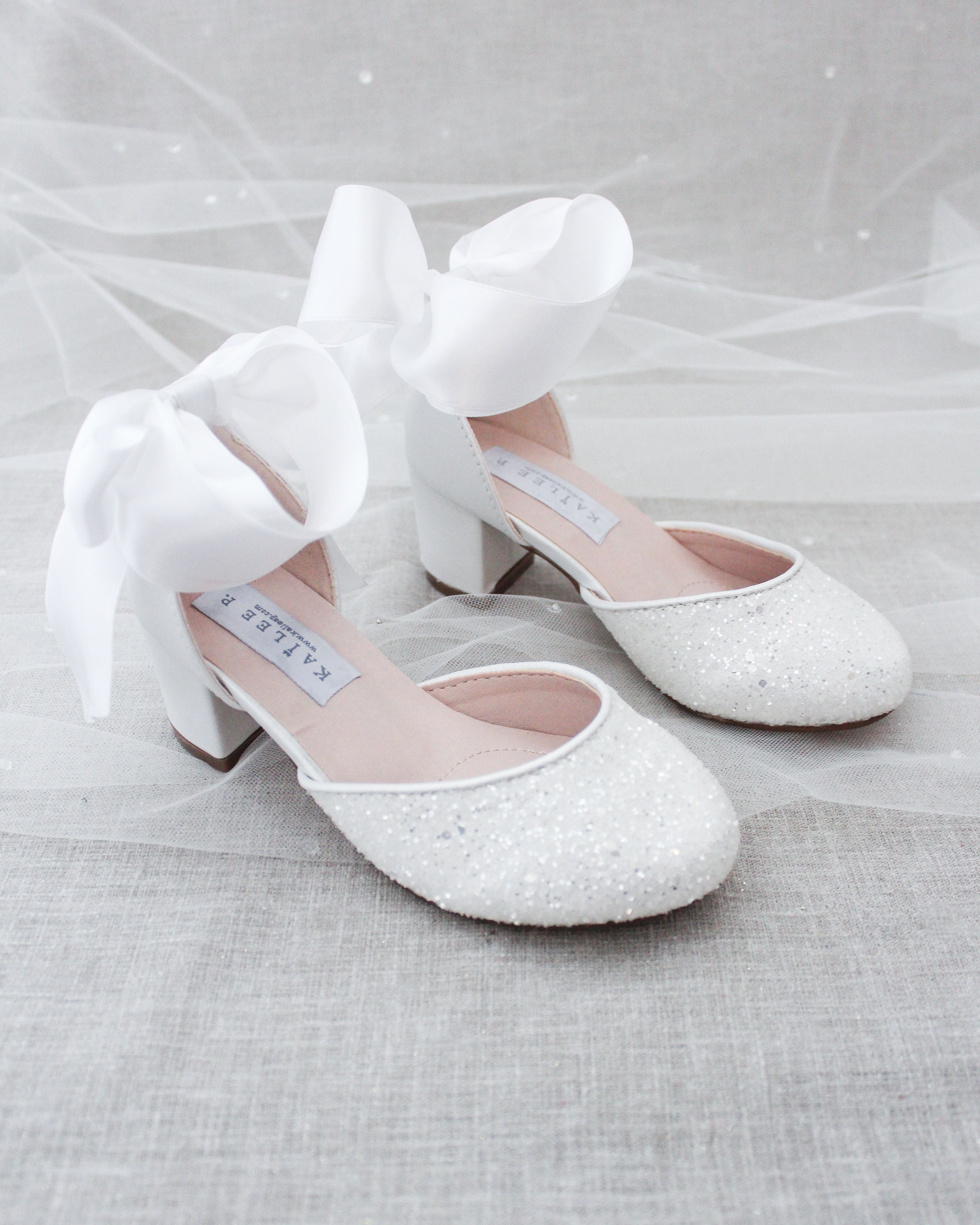 White Rock Glitter Kids Block Heel Sandals with Wrapped Satin Tie - Perfect for Birthday Parties, Pageants, and Special Occasions