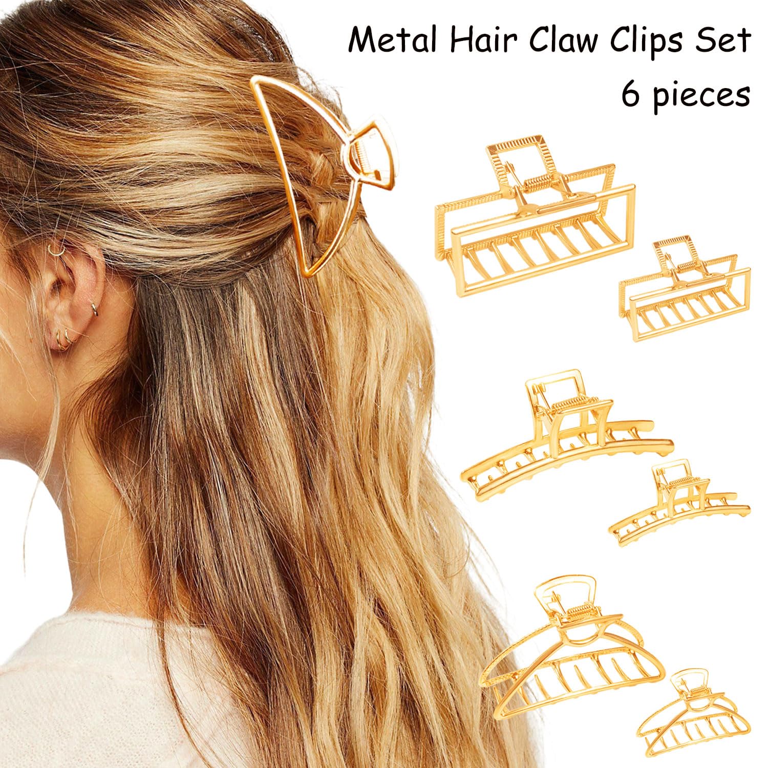 6-Piece Metal Hair Claw Clips Set - Gold Hair Clamps for Women & Girls, Large Barrette Jaw Clips, Small Half Bun No-Slip French Hair Accessories for Everyday, Work, and Special Occasions