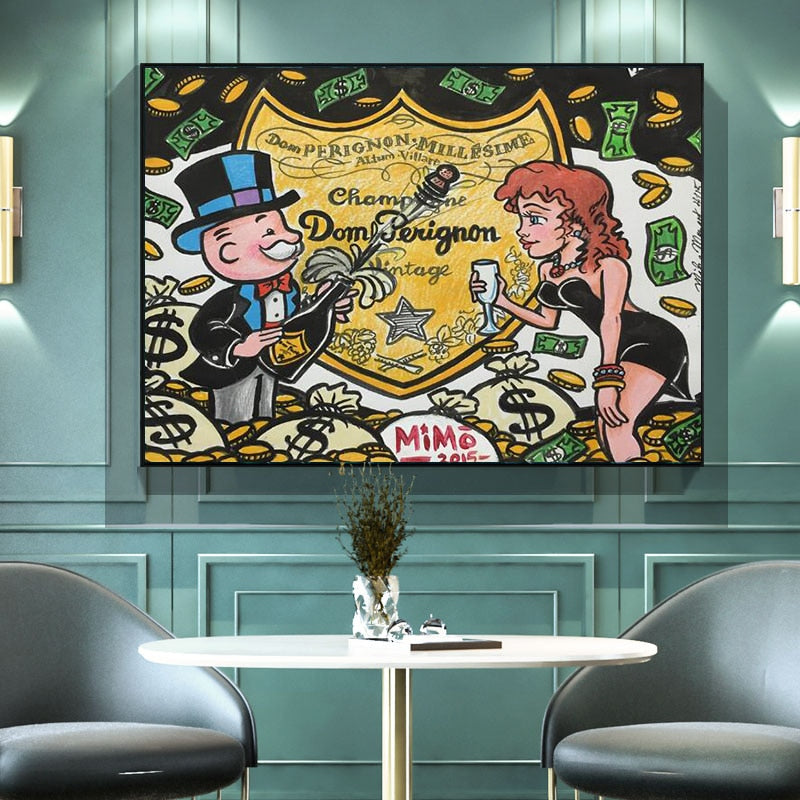 Alec Monopoly Champagne Money Canvas Print - Pop Art Wall Decor for Living Room, Bedroom & Office