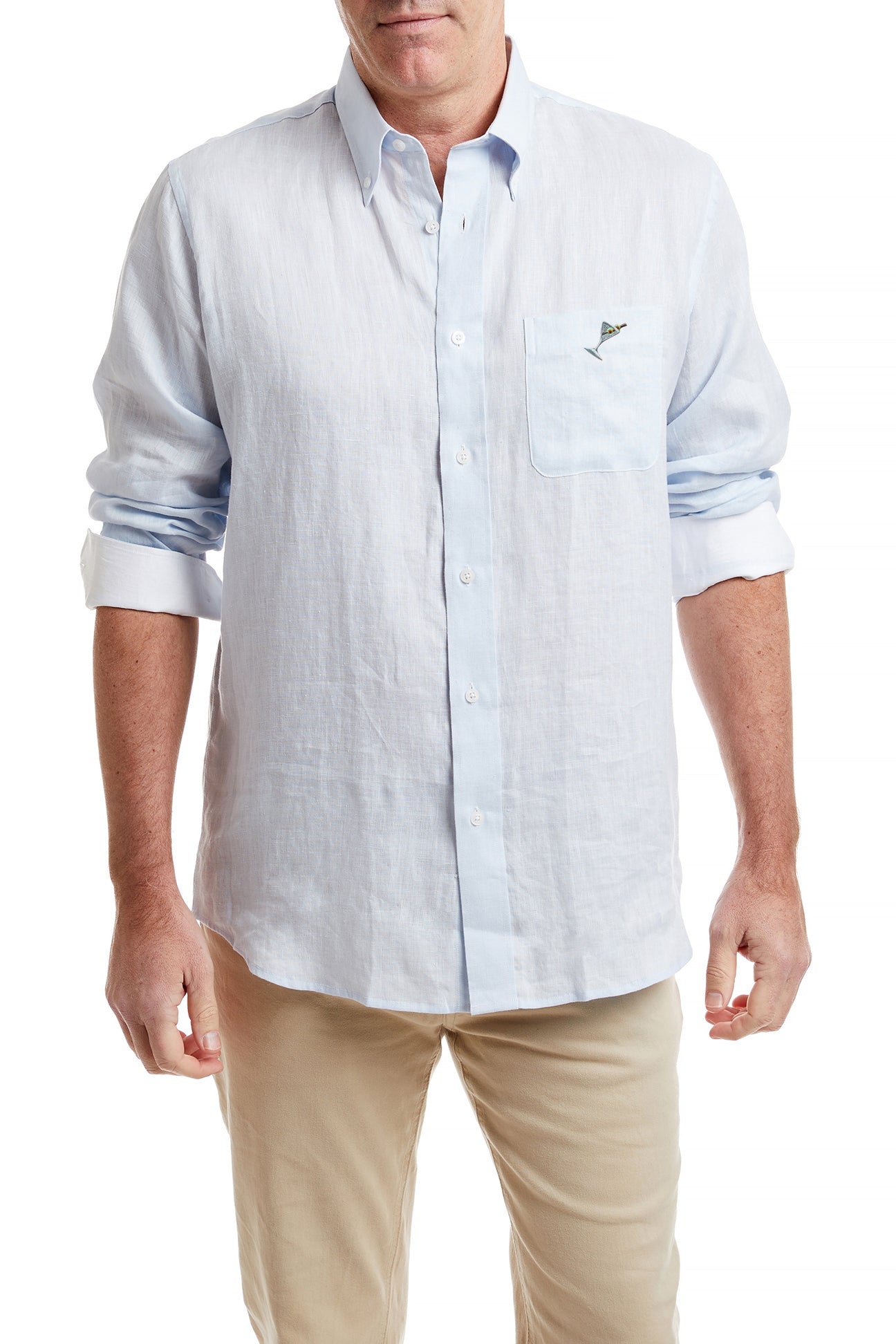 Chase Shirt Powder Blue Linen with Single Martini Pocket - Stylish Men's Casual Button Down Shirt for Summer, Office & Cocktail Parties