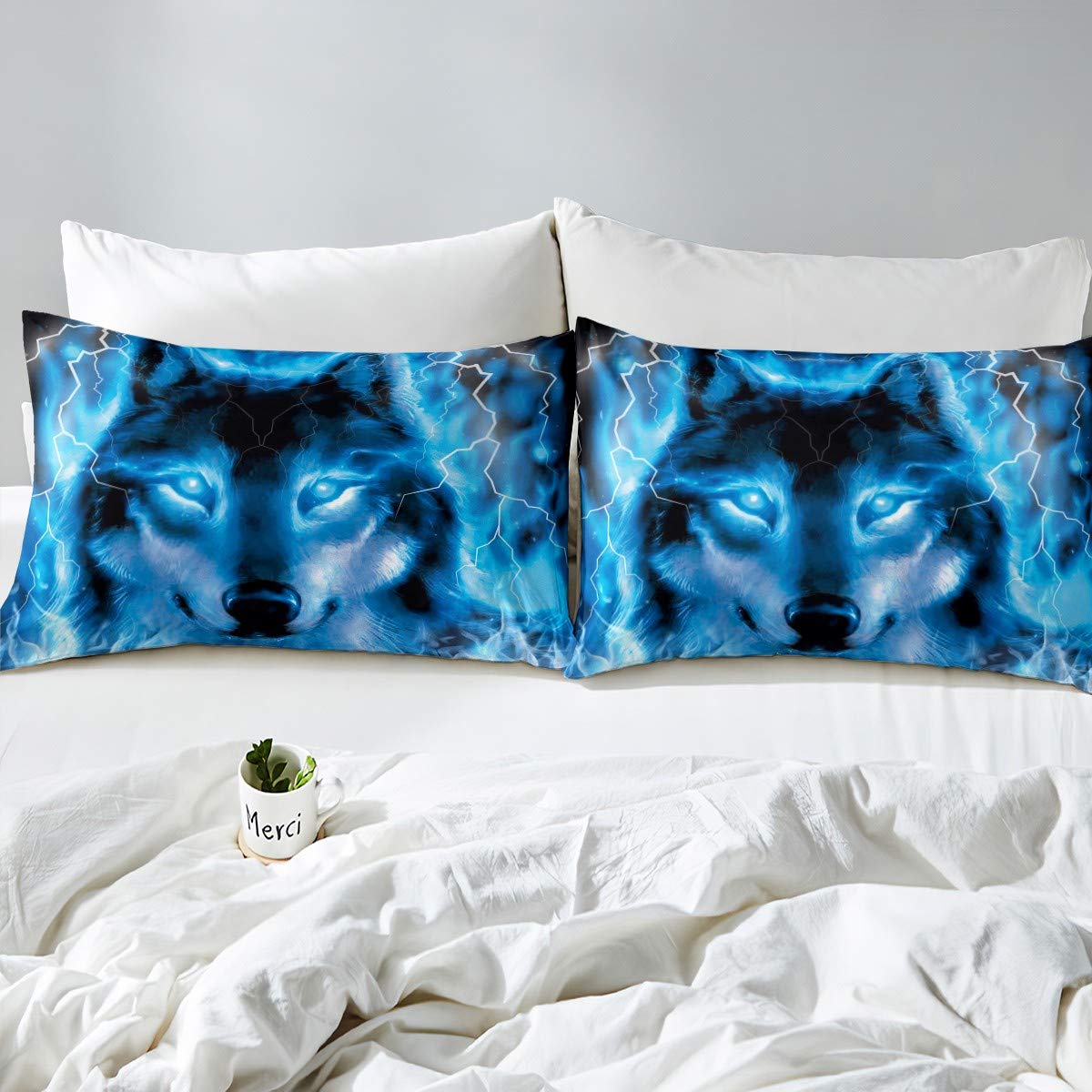 6PCS Wolf Themed Bedding Set - Full Size Comforter with Blue Lightning Wolf Design, Includes Fitted Sheet - Perfect for Teen Boys' Bedroom Decor & Wolf Lovers