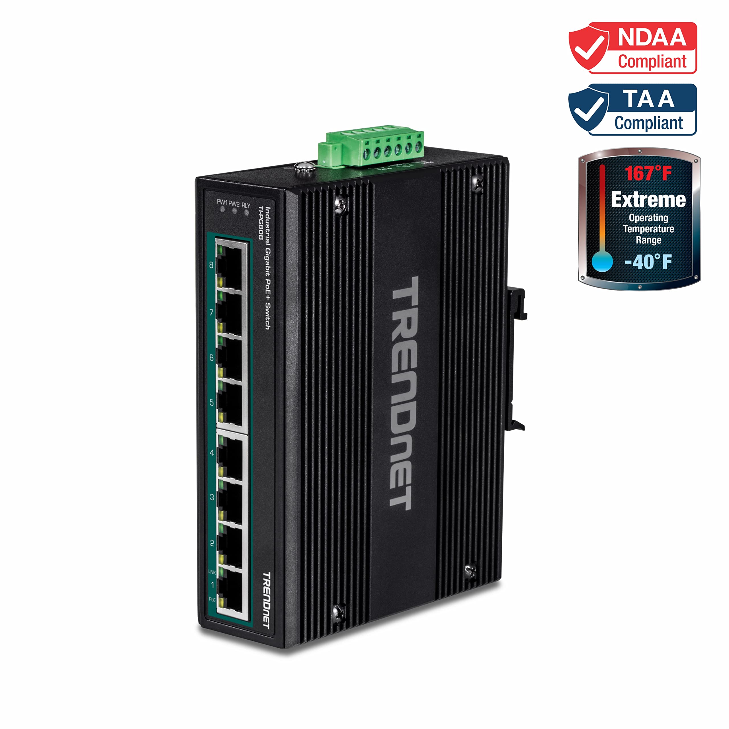 TRENDnet TI-PG80B 8-Port Industrial Gigabit PoE+ DIN-Rail Switch (24-56V) - Reliable Network Solution for Factory Automation, Security Cameras & IoT Devices