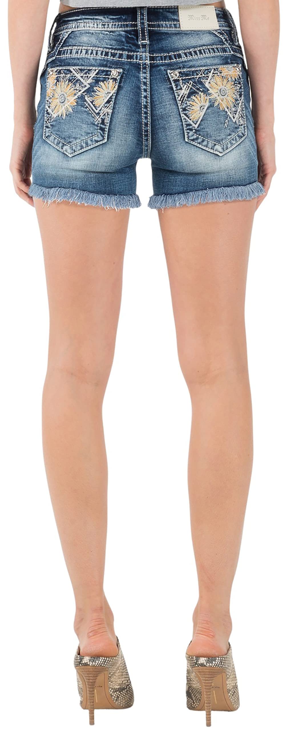 Miss Me Women's Mid Rise Floral Shorts with Frayed Hem - Sunflower Print Summer Casual Shorts for Women | Perfect for Beach, Vacation, and Everyday Wear