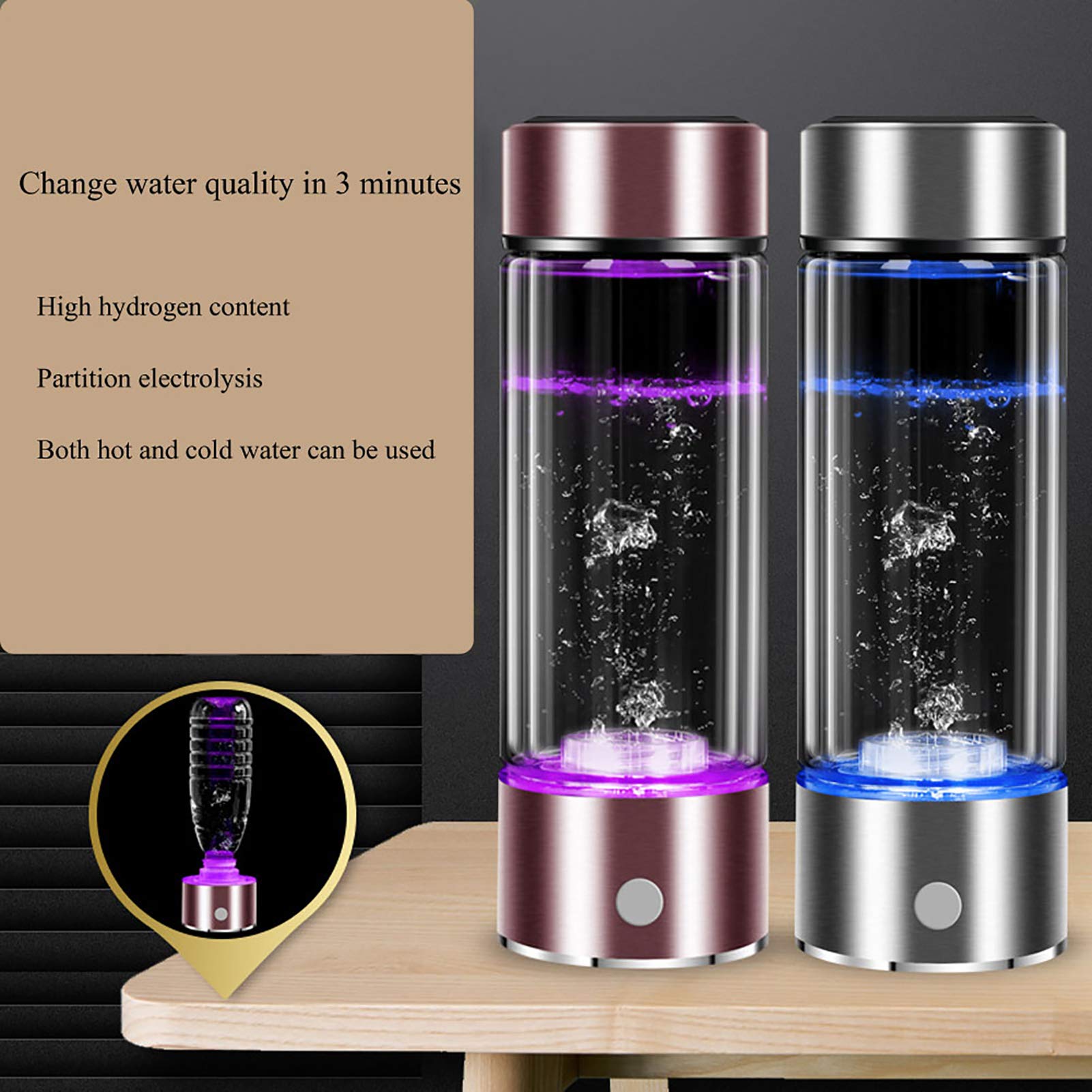 Portable Hydrogen Water Bottle Generator with SPE PEM Technology - 1300-1600 PPB Hydrogen Rich Water Maker, Includes Glass Bottle & Inhaler Adapter - Perfect for Home, Office, Travel & Wellness Routines