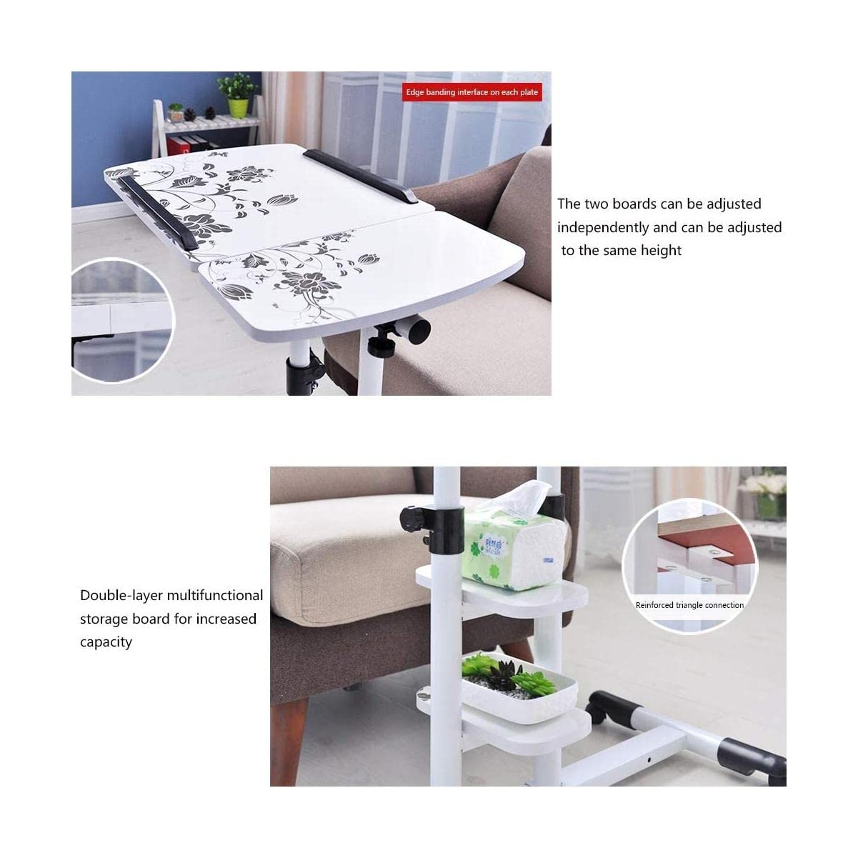 Adjustable Height Overbed Table with Wheels - Portable Rolling Cart Tray Table for Laptop, Eating, Reading in Bed - Lightweight Mobile Couch Desk Stand for Home, Hospital & Office Use