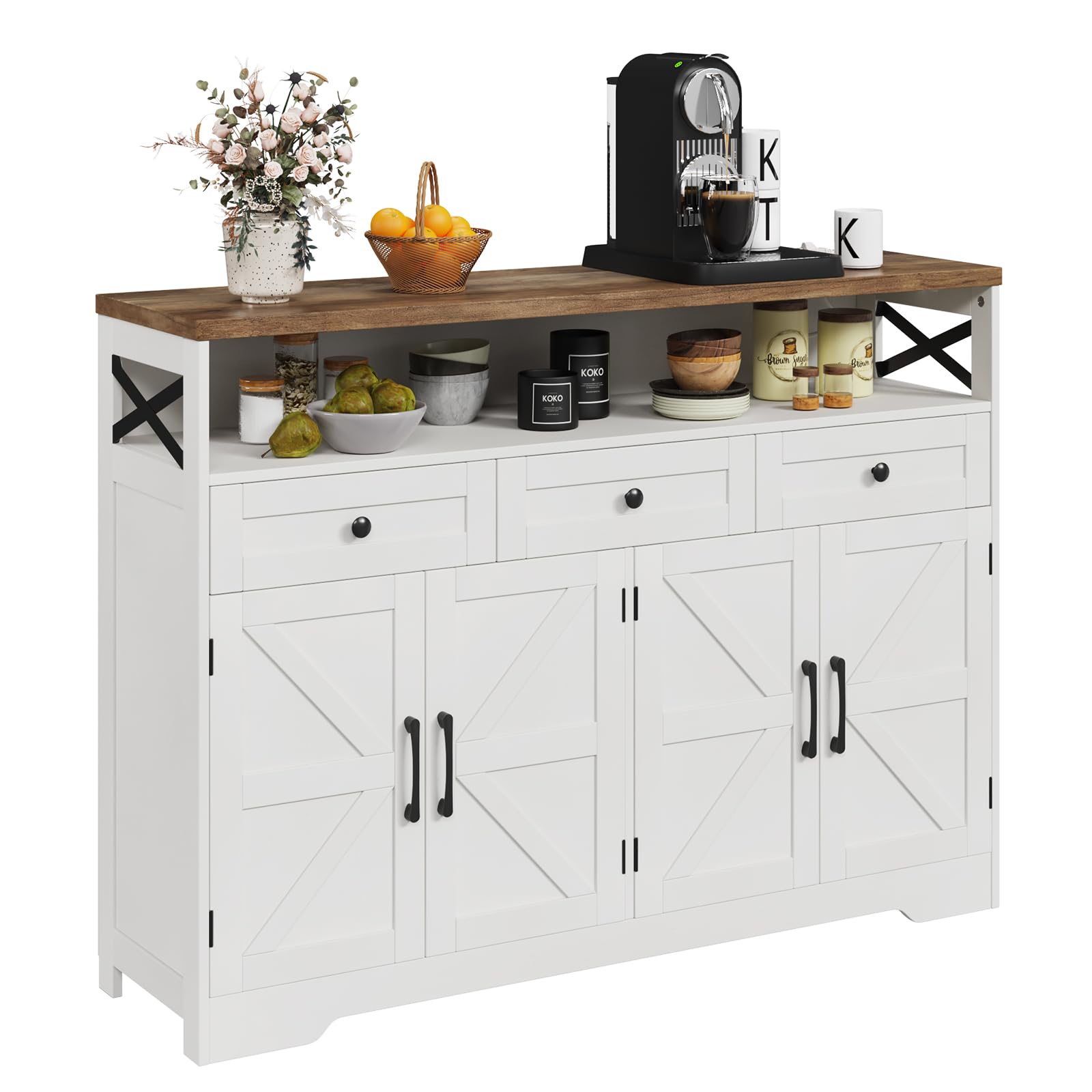Farmhouse Buffet Cabinet with Drawers & Open Shelf - 52