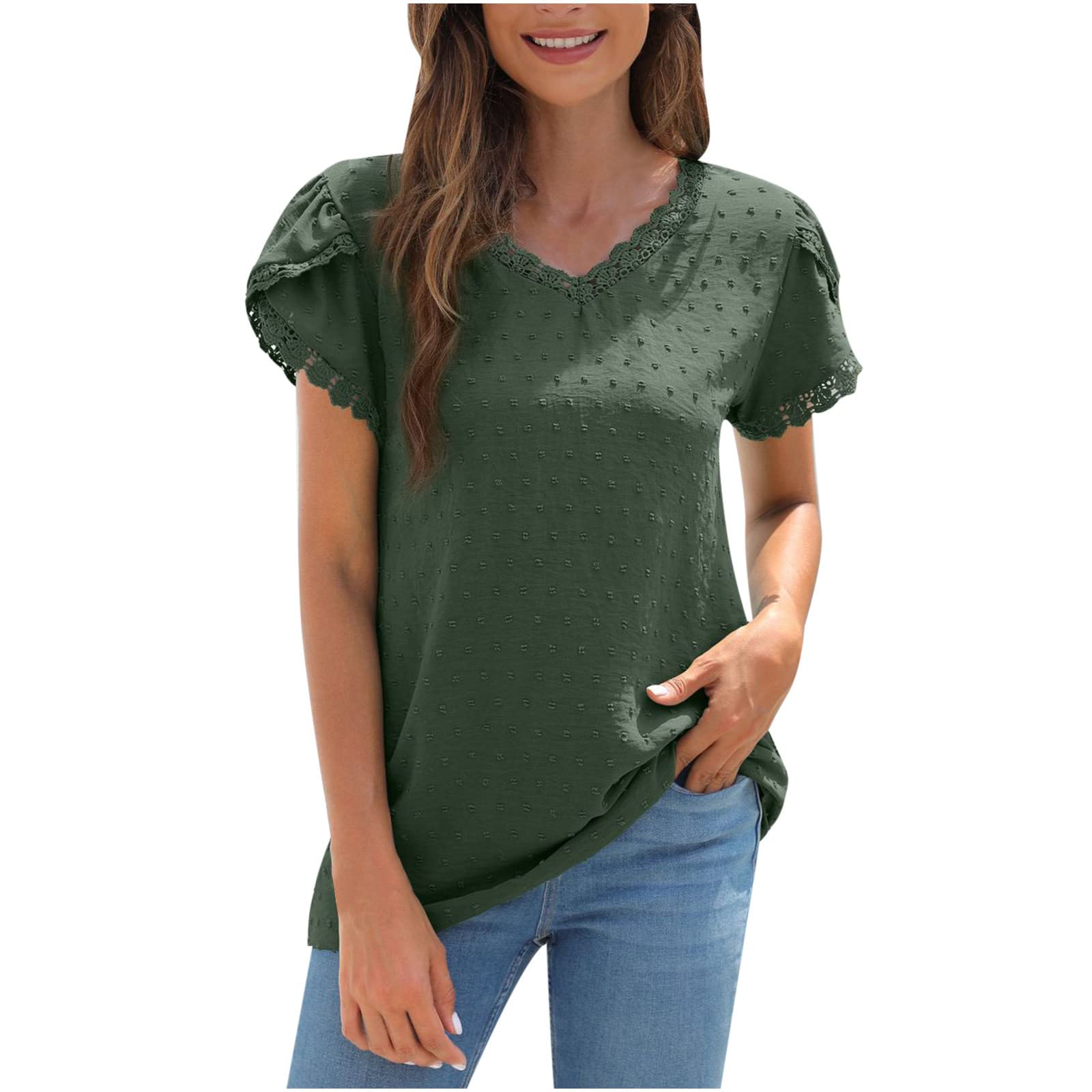 Swiss Dot Tops for Women - Lace Trim V-Neck Petal Sleeve Summer Blouse | Elegant Casual Shirt & Loose Fit T-Shirt | Perfect for Office, Date Night & Summer Outings