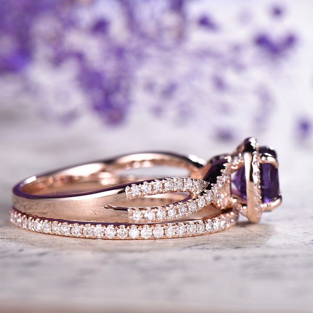 14K & 18K Rose Gold Amethyst Engagement Ring Set with Pave Diamonds - Thin Twisted Matching Wedding Band & Full Eternity Ring for Anniversary, Proposal & Special Occasions