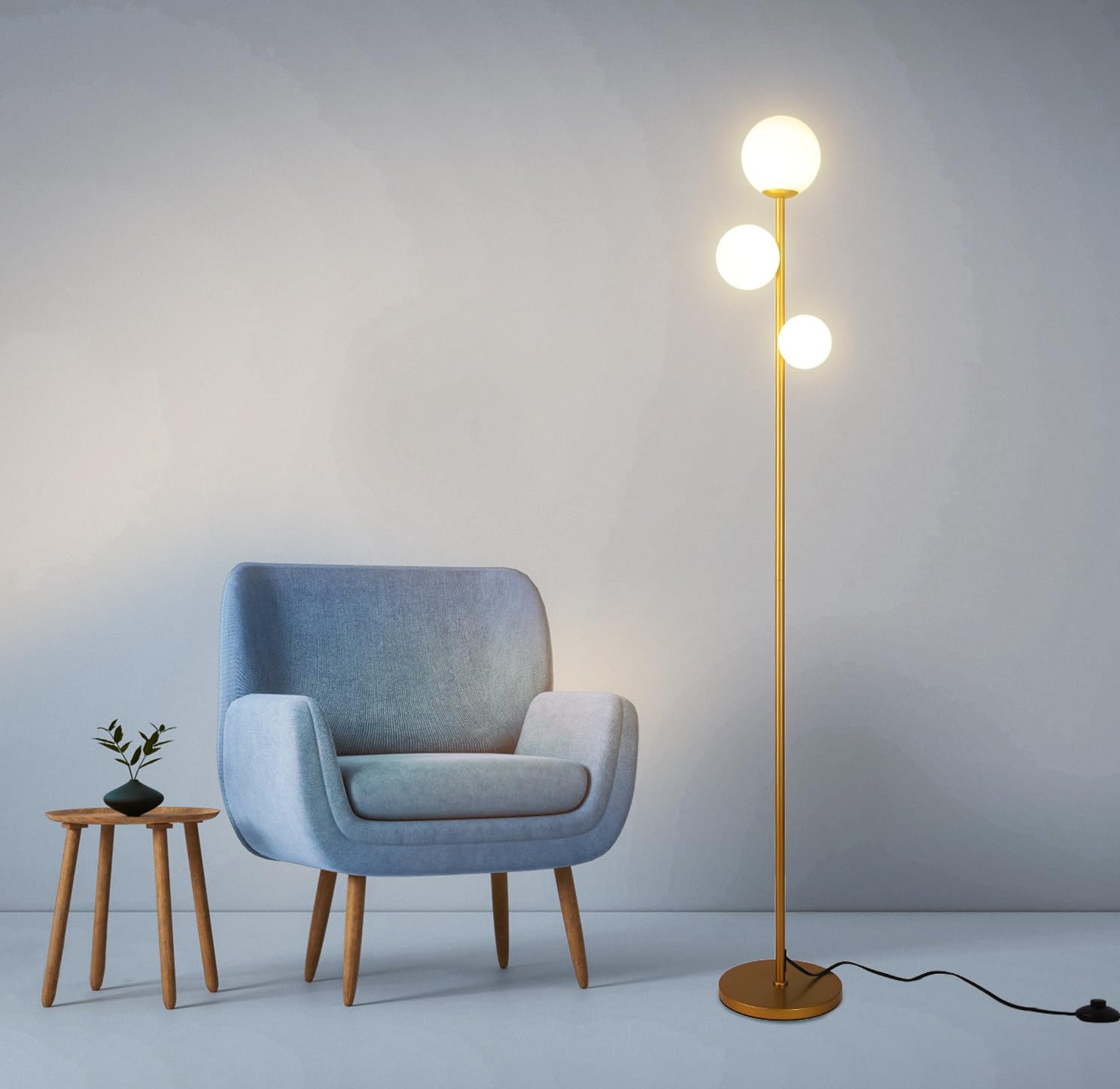 Fiqevs 3 Globe Mid Century Modern Floor Lamp - Vintage Gold Standing Tall Lamp with Frosted Glass Shade & Included Bulbs, Antique Brass Finish | Perfect for Living Room, Bedroom, Office & Reading Nook Lighting