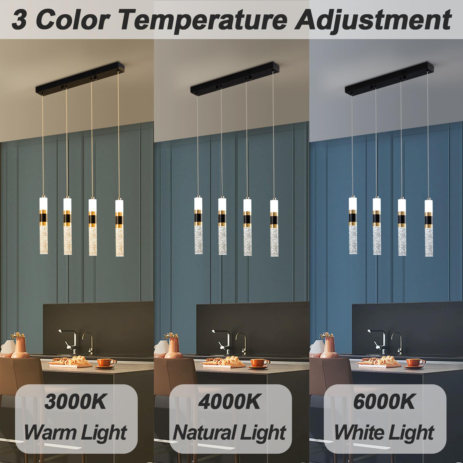 4-Light Dimmable LED Pendant Lighting for Kitchen Island & Dining Room - Modern Adjustable Hanging Lights for Home Decor & Restaurant Ambience