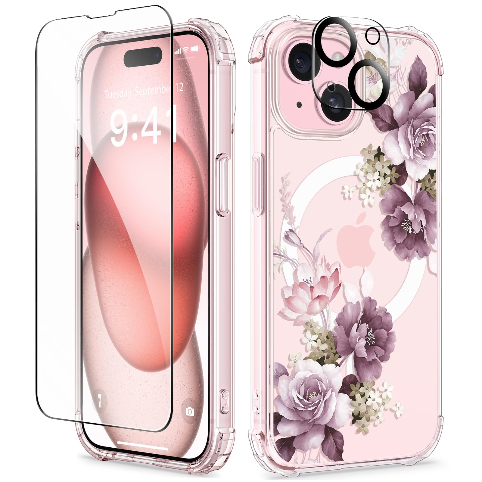 GVIEWIN iPhone 15 Case 6.1 Inch with MagSafe - Military Grade Shockproof Clear Floral Design (Cherry Blossom/Purple) | Includes Screen Protector & Camera Lens Cover | Perfect for Everyday Use, Travel & Outdoor Activities