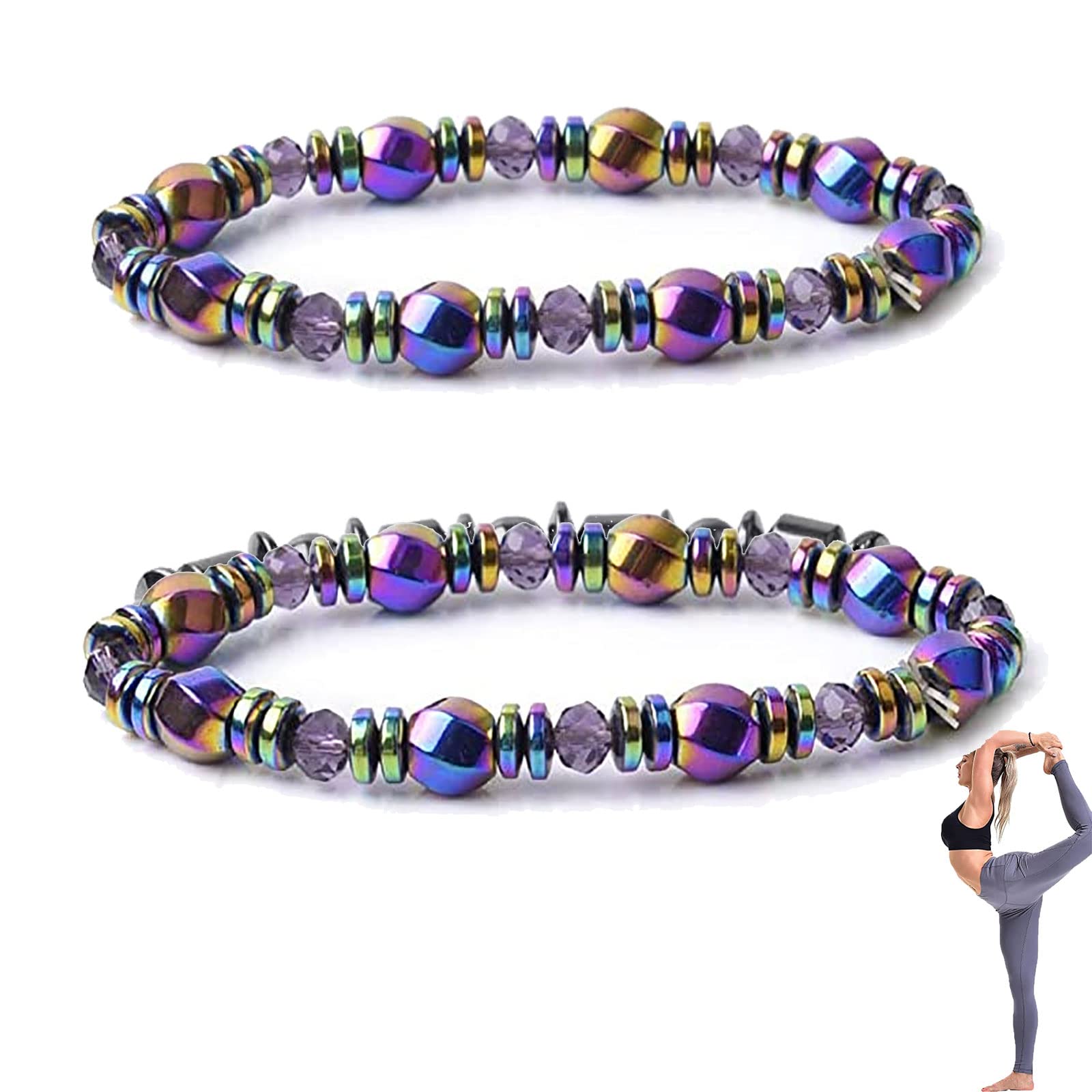 2pcs Hematite Magnetic Therapy Bracelet for Women & Men - Gallstone Healing, Slimming, Anti-Swelling with Black Obsidian - Natural Energy Bracelet for Pain Relief & Wellness (Colorful) | Perfect for Yoga, Meditation & Daily Wear