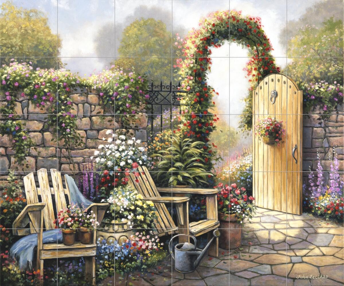 John Zaccheo Ceramic Backsplash Tile Mural - Garden Landscape Design for Kitchen, Bathroom & Shower - Waterproof Peel & Stick Wall Decor - Perfect for Home Renovation, Patio & Outdoor Spaces