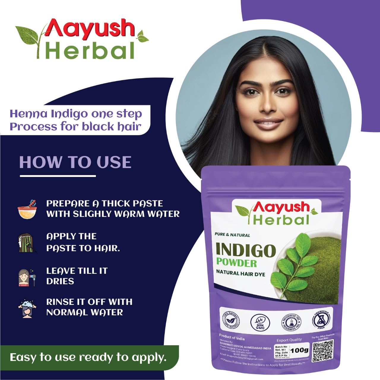 Oree Aayush 100% Natural Herbal Indigo Powder for Hair - Chemical-Free Black Hair Dye (100g) | Safe Gray Coverage & Hair Coloring for Men & Women | DIY Home Hair Treatment
