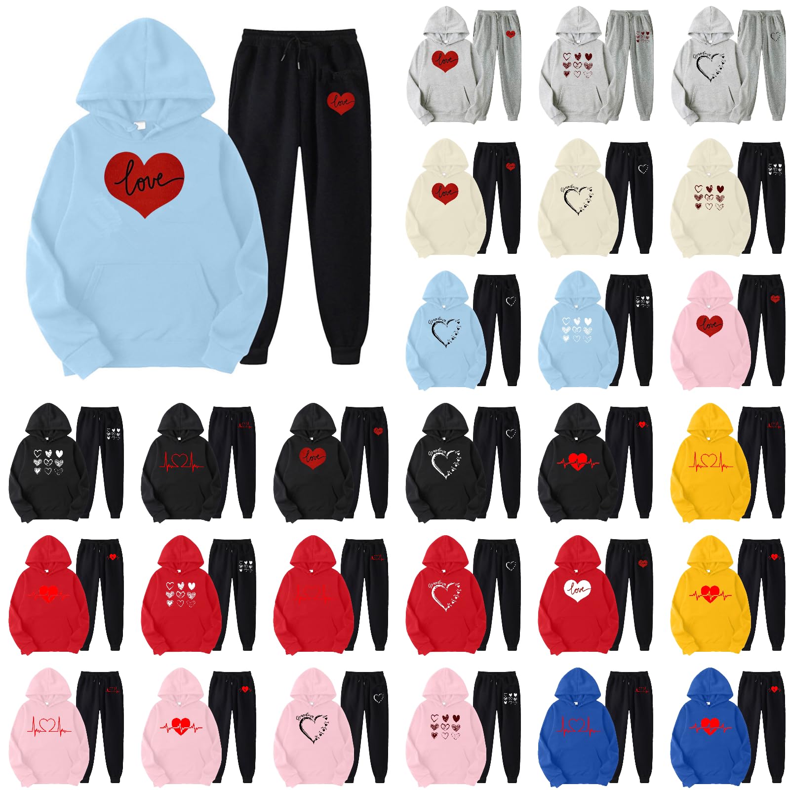 Valentine's Day Print Women's Sweatsuit Set - Heart Love 2 Piece Outfits with Hoodie & Jogger Pants | Cozy Plush Tracksuit for Spring & Winter | Perfect for Valentine's Gifts, Date Nights & Casual Loungewear