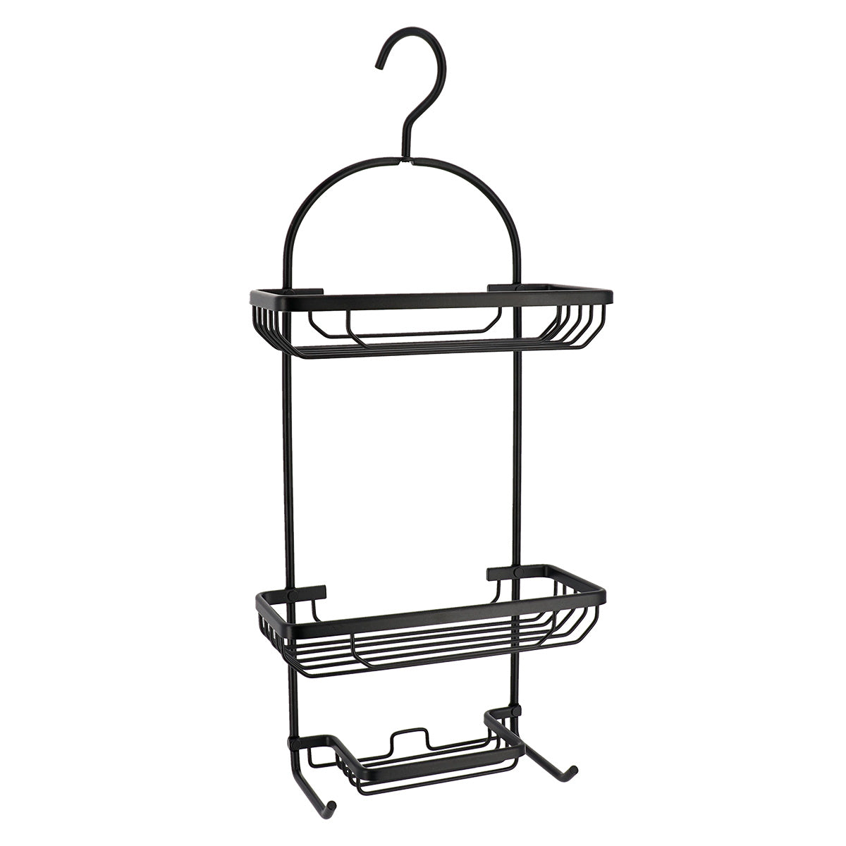 Black Aluminum 2-Tier Shower Caddy with Hooks - Rustproof Bathroom Organizer for Shampoo, Soap & Toiletries - Perfect for Small Spaces & Apartment Showers