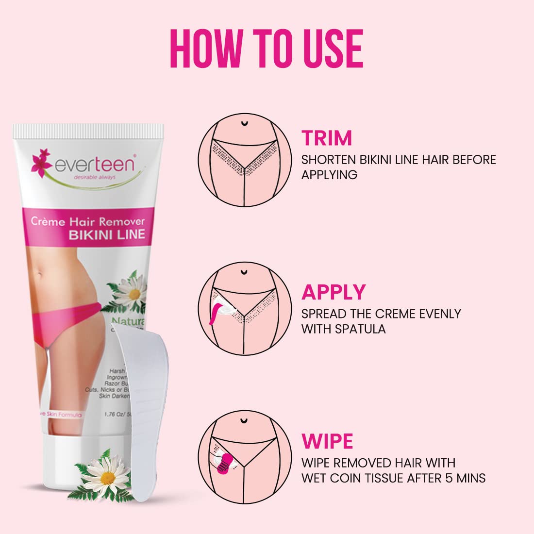 Everteen Bikini Line Hair Removal Cream - Pack of 2 (50g Each) for Sensitive Skin, Underarms & Bikini Area | Painless Hair Remover for Women | Smooth Skin at Home or Before Beach Vacation