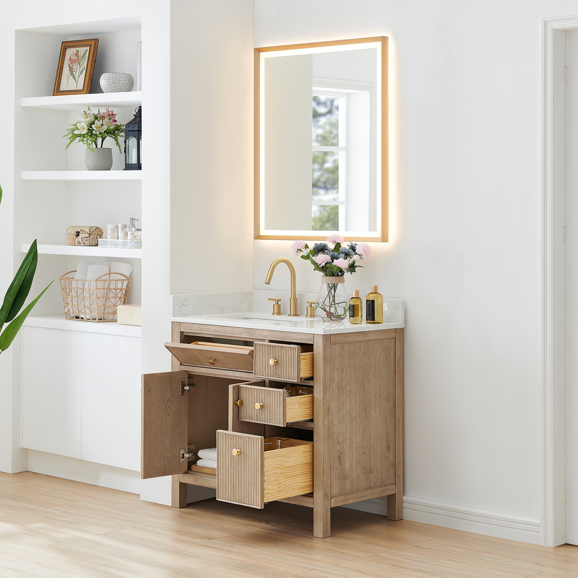 Cerrito 36 Inch Single Bathroom Vanity with White Engineered Stone Countertop - Modern Farmhouse Sink Cabinet for Powder Room & Guest Bath