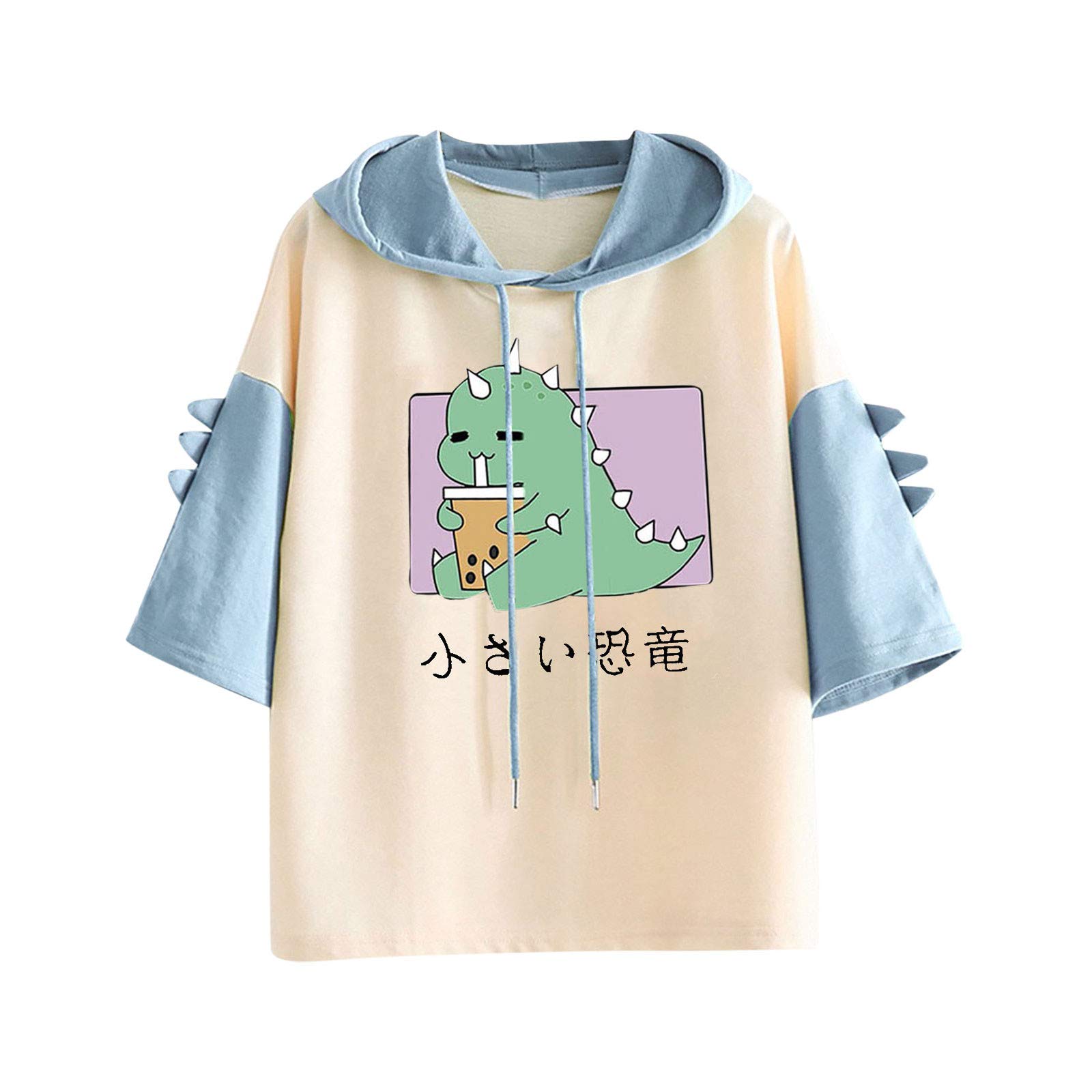 Trendy Women's Summer Short Sleeve Dinosaur Print T-Shirt - Cute Patchwork Hoodie Pullover, Loose Fit Round Neck Tee Tops for Casual Wear & Street Fashion