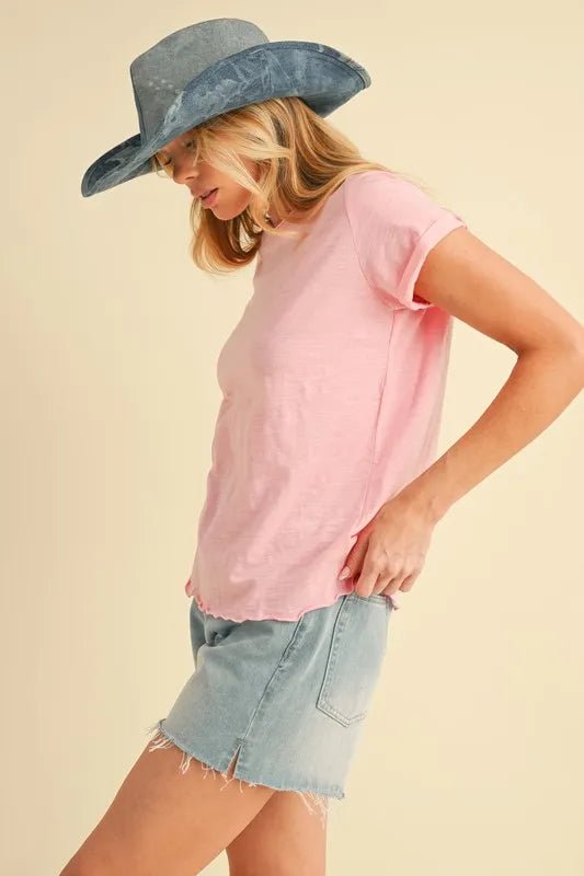 Aemi + Co Women's Lettuce Edge Round Neck Short Sleeve T-Shirt - Soft Casual Tee for Everyday Wear, Lounge & Summer Outfits