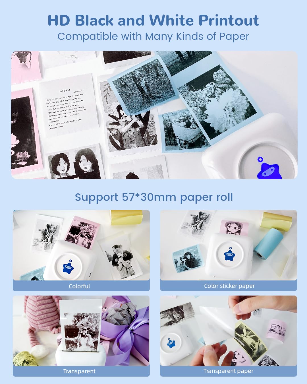 Portable Thermal Printer for Stickers & Photos - Mini Bluetooth Wireless Printer Compatible with iPhone, Android - Pocket Photo Printer for DIY Projects, Travel, Business & Home Use with 10x Printing Paper