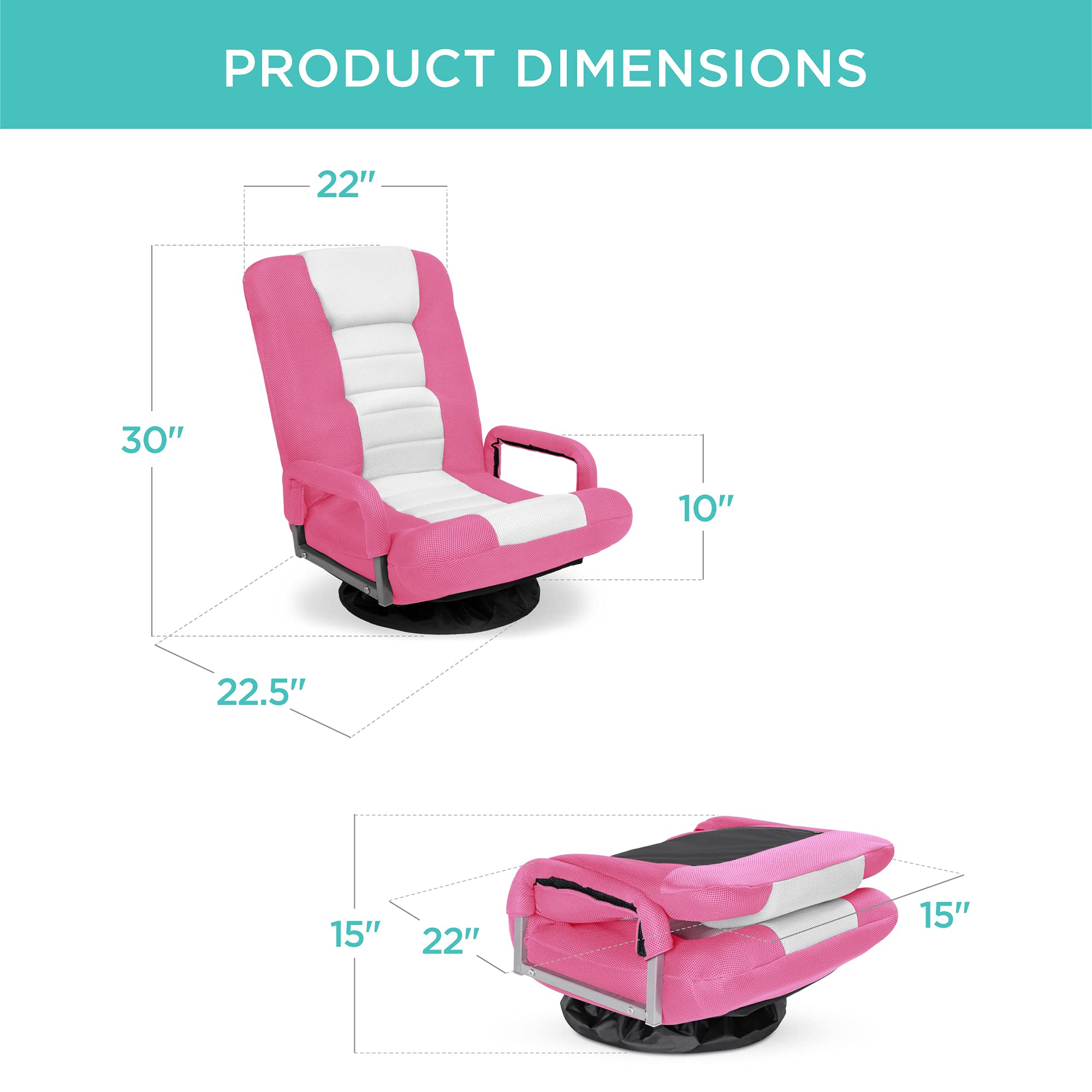 Best Choice Products 360 Degree Swivel Gaming Chair - Adjustable Foldable Backrest with Lumbar Support & Armrest Handles for Video Games, TV Watching, Reading - Multipurpose Floor Rocker Chair (Pink/White) - Perfect for Home Office, Gaming Setup & Living Room Relaxation