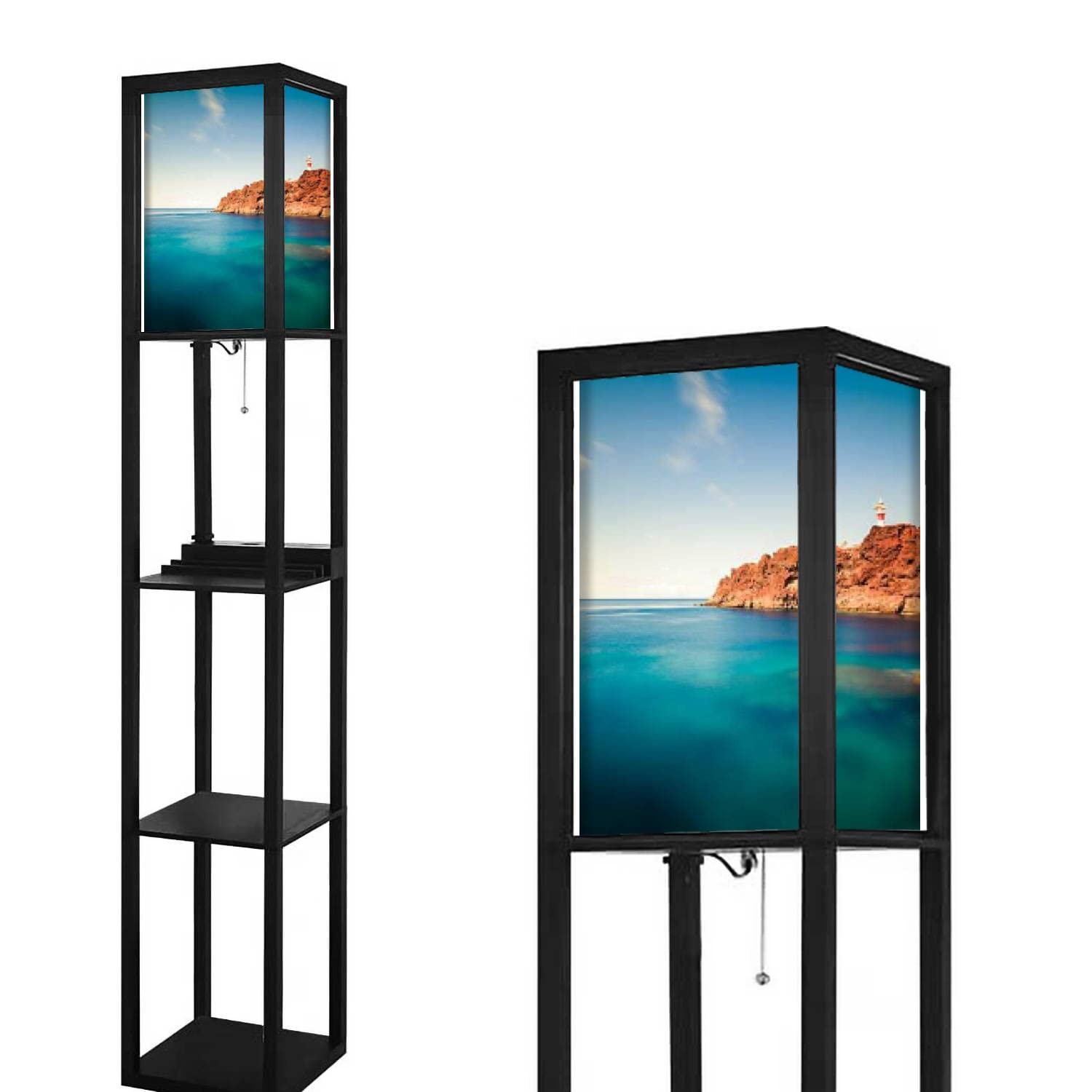 Modern Canary Islands Lighthouse & Ocean Floor Lamp with Shelves, USB Port & Outlet - Linen Lampshade Corner Standing Lamp for Living Room, Bedroom, Office | Stylish Tall Lamp with Storage & Charging Station