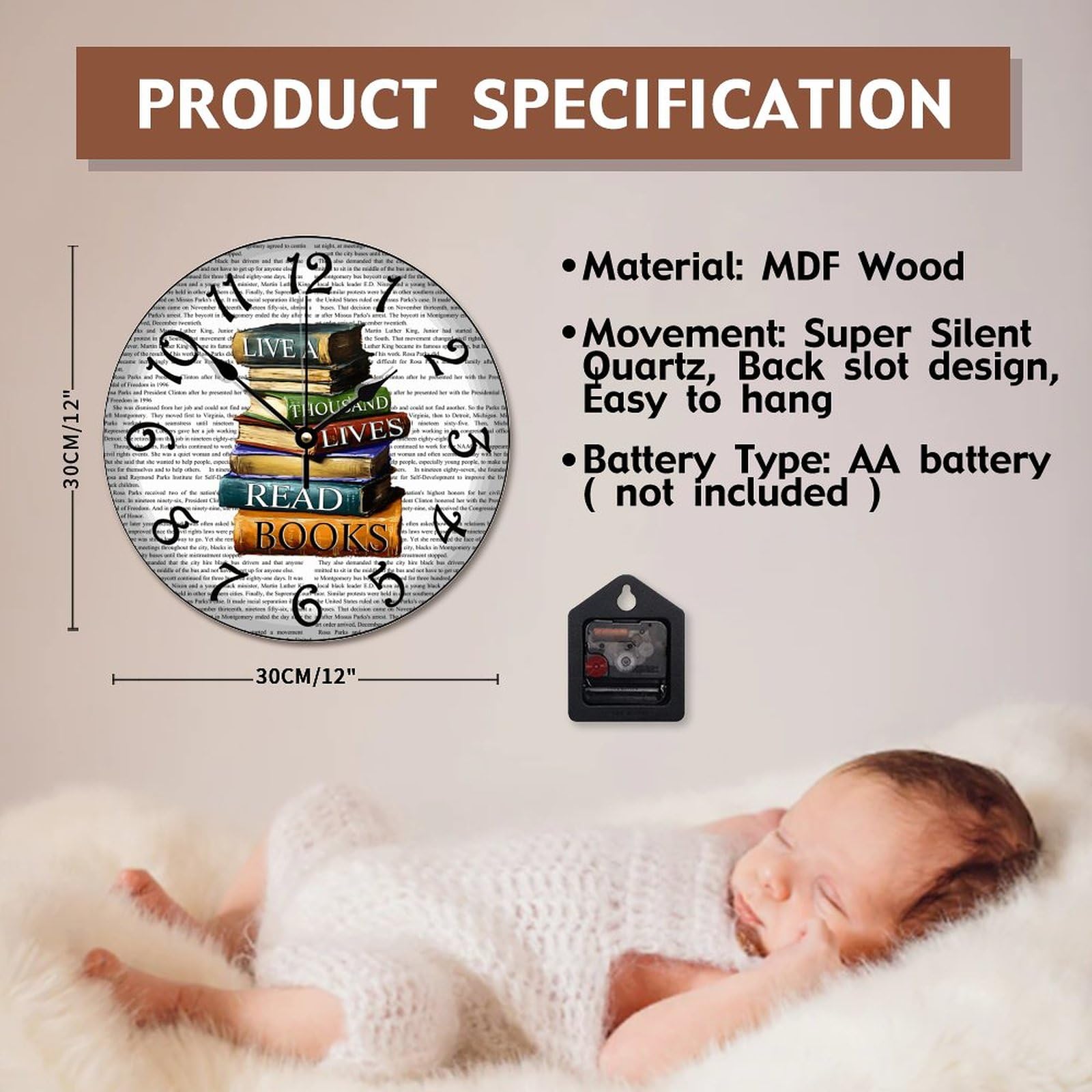 12 Inch Wooden Farmhouse Wall Clock - Battery Operated Rustic Library Clock with 'Lived A Thousand Lives' Book Quote - Perfect for Kitchen, Living Room, Bedroom, Office & Reading Nook Decor