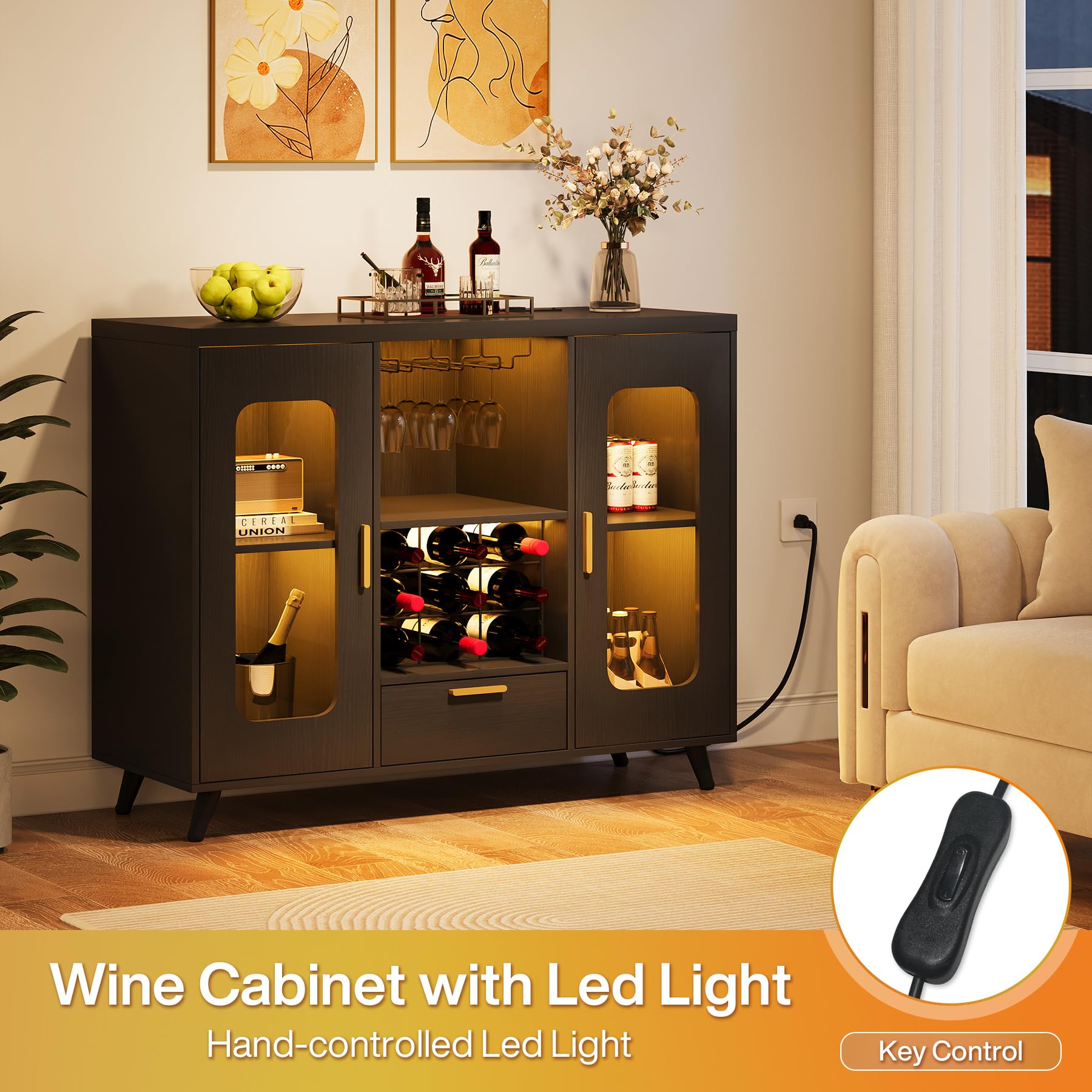 Modern Wine Bar Cabinet with LED Lights & Power Outlet - Coffee Liquor Cabinet with Wine Rack & Glass Holder - Buffet Sideboard for Dining Room, Living Room & Kitchen (Black) - Perfect for Home Entertaining & Stylish Storage