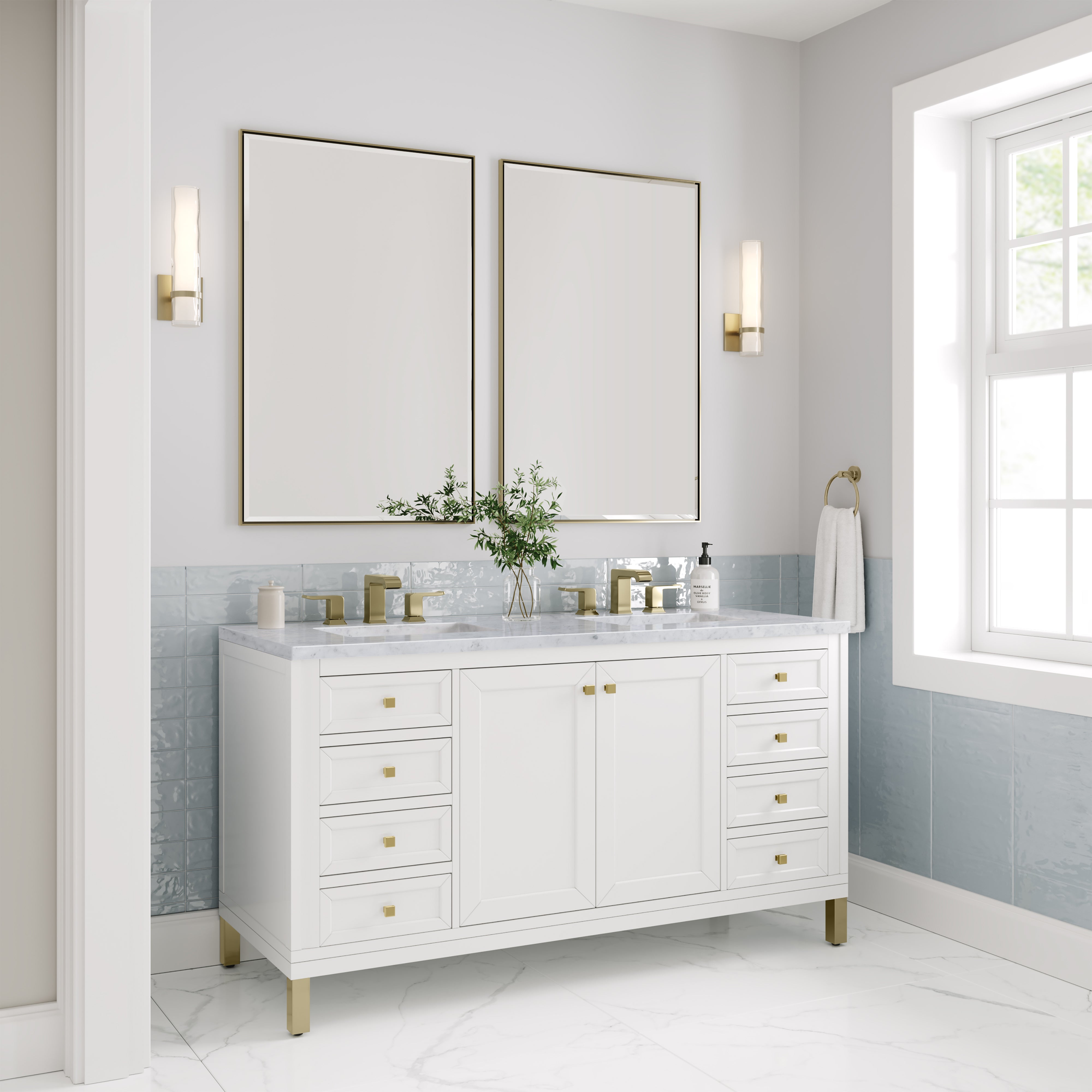Chicago 60-Inch Double Vanity with Glossy White Finish & 3CM Carrara Marble Top - Perfect for Modern Bathroom Renovation & Luxury Home Decor
