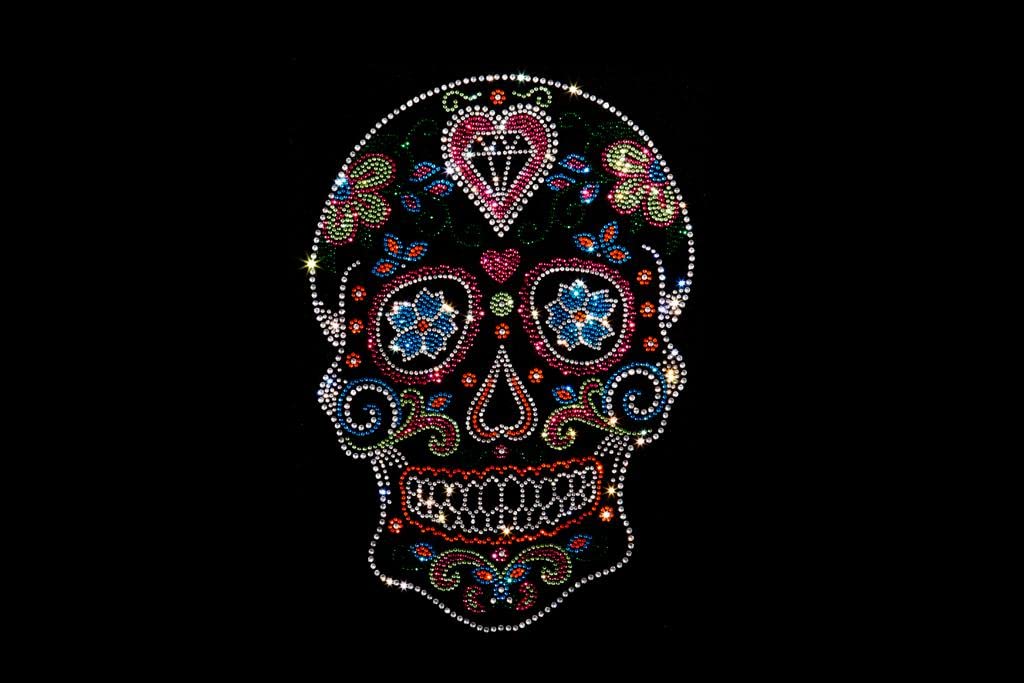 Neon Skull Rhinestone Iron-On Heat Transfer Patch - DIY Embellishment for Jackets, Hats & Bags - Perfect for Halloween & Punk Fashion