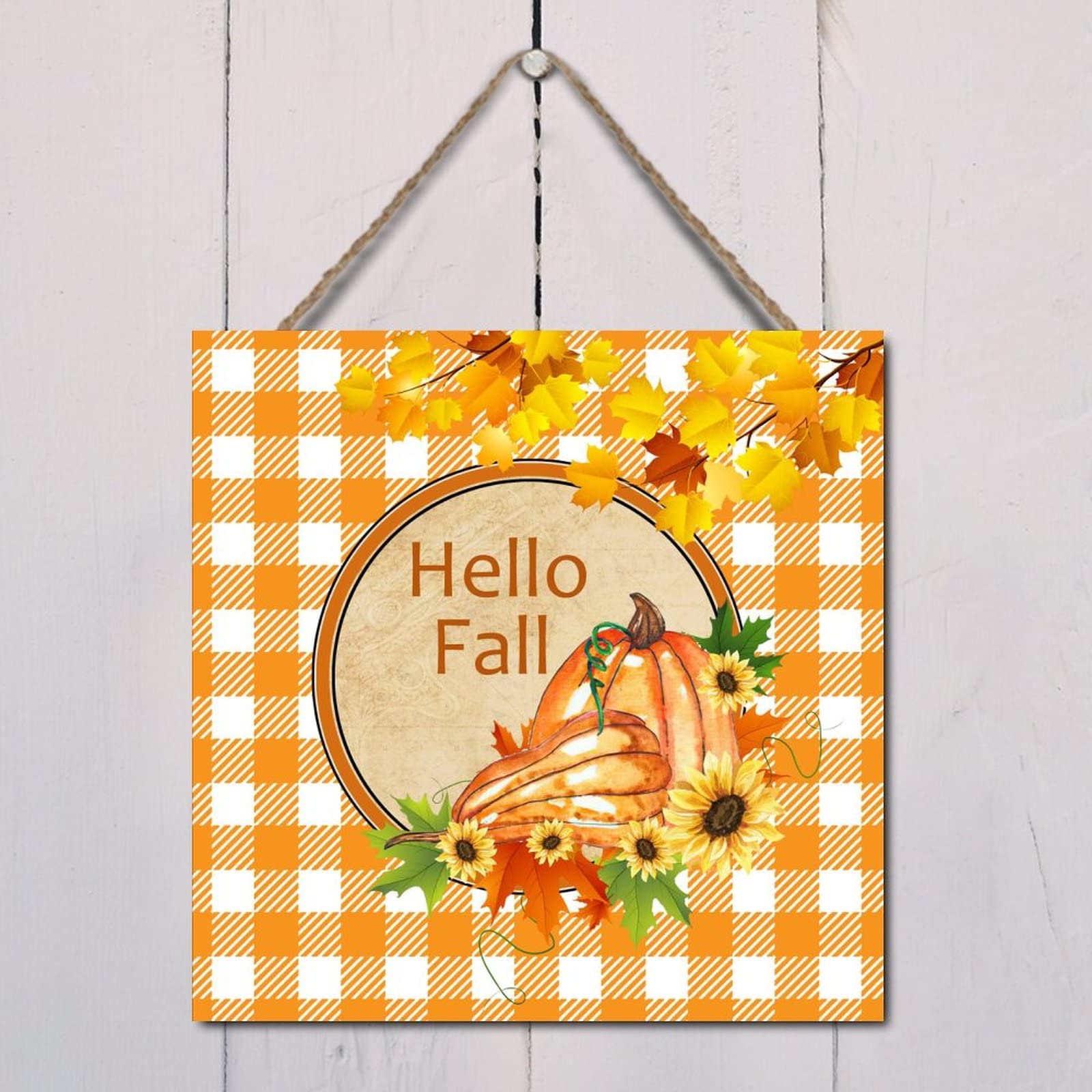 Farmhouse Wood Wall Sign - 12x12in Hello Fall Decor with Pumpkin & Sunflowers, Orange & White Buffalo Check Plaid - Thanksgiving, Autumn, Halloween Hanging Sign for Bedroom, Living Room, Porch, and Seasonal Home Decor