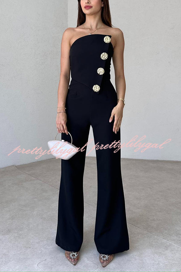 Solid Color Sexy Tube Top Gold Button Embellished Bootcut Jumpsuit for Women | Elegant One-Piece Romper with Metallic Accents | Perfect for Night Out, Party & Special Occasions
