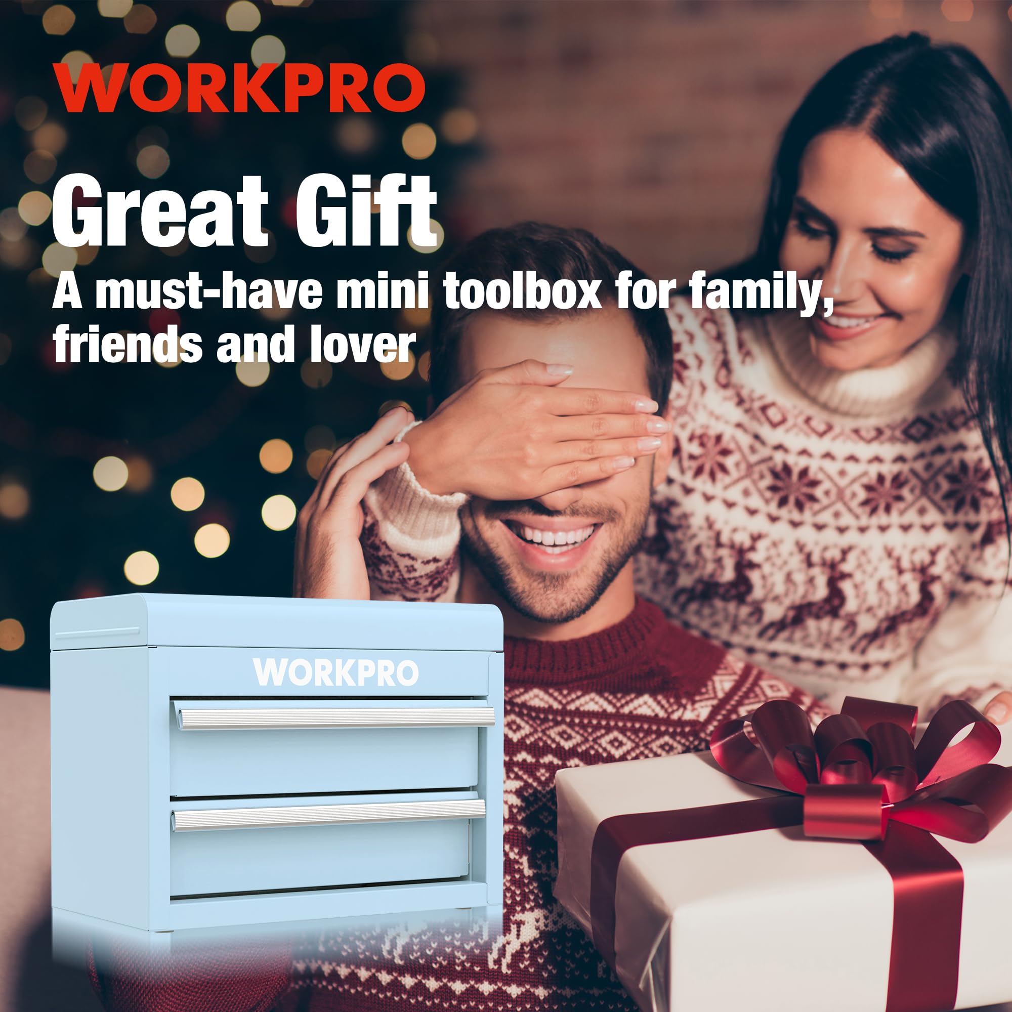 WORKPRO Mini Metal Tool Box with 2 Drawers & Top Storage - Small Steel Tool Chest with PVC Liners, PP Feet Pads & Magnetic Tab | Durable Cold Rolled Steel Construction | Perfect for Home Garage, Workshop & DIY Projects