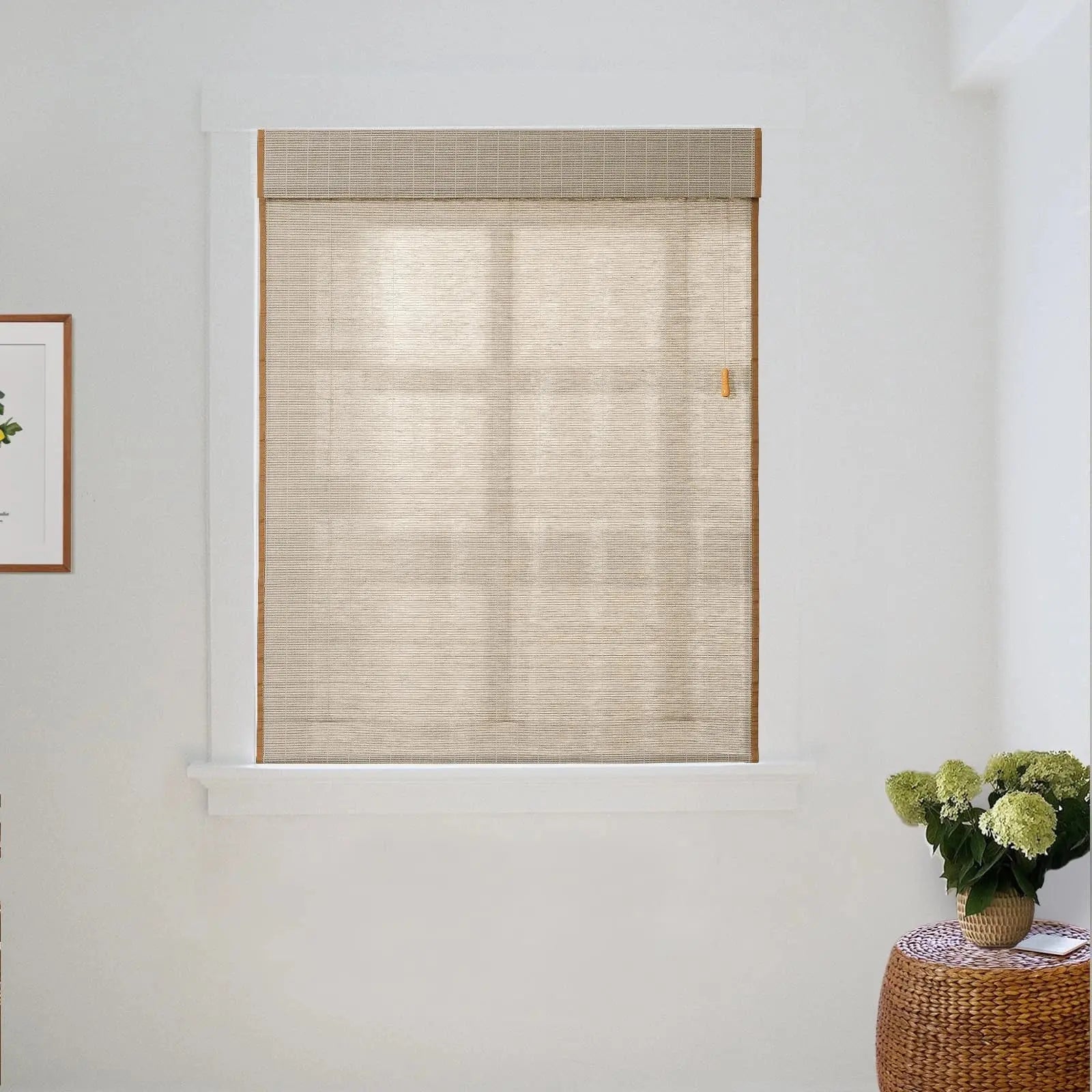 Natural Flax Bamboo Woven Window Shade - Light Gray Brown for Living Room & Bedroom Blackout Privacy