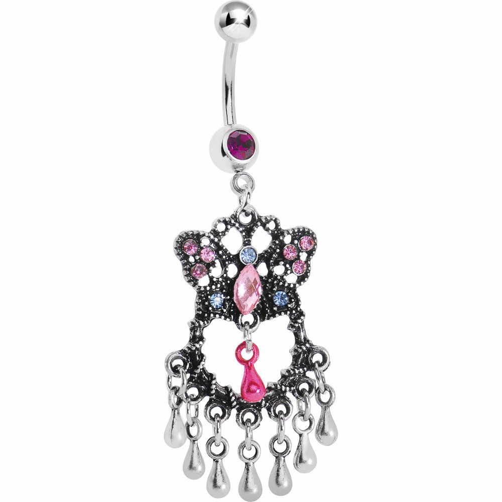 Body Candy Pink & Light Blue Butterfly Chandelier Belly Ring - Elegant Navel Piercing Jewelry for Women, Perfect for Parties & Beach Outfits