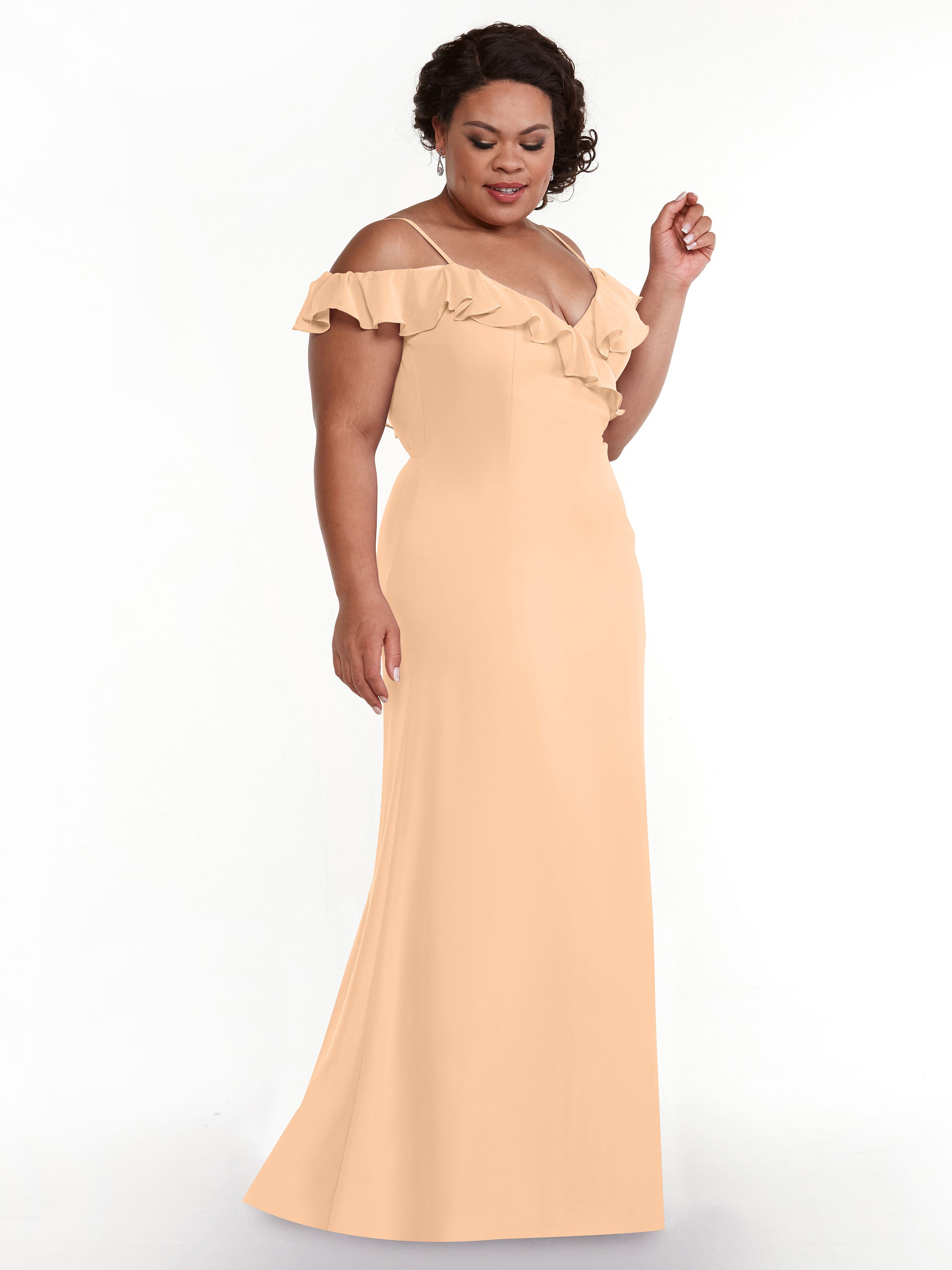 Elegant 80172 Chiffon Off-The-Shoulder A-Line Bridesmaid Dress with Ruffled Neckline - Perfect for Weddings, Formal Events & Evening Parties