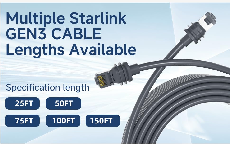 Starlink Gen 3 Replacement Cable - 75FT/23M Waterproof Satellite Extension Cord for Starlink Rectangular Dish (Gen 3) | Perfect for Outdoor Installation, RV Travel & Remote Internet Connectivity
