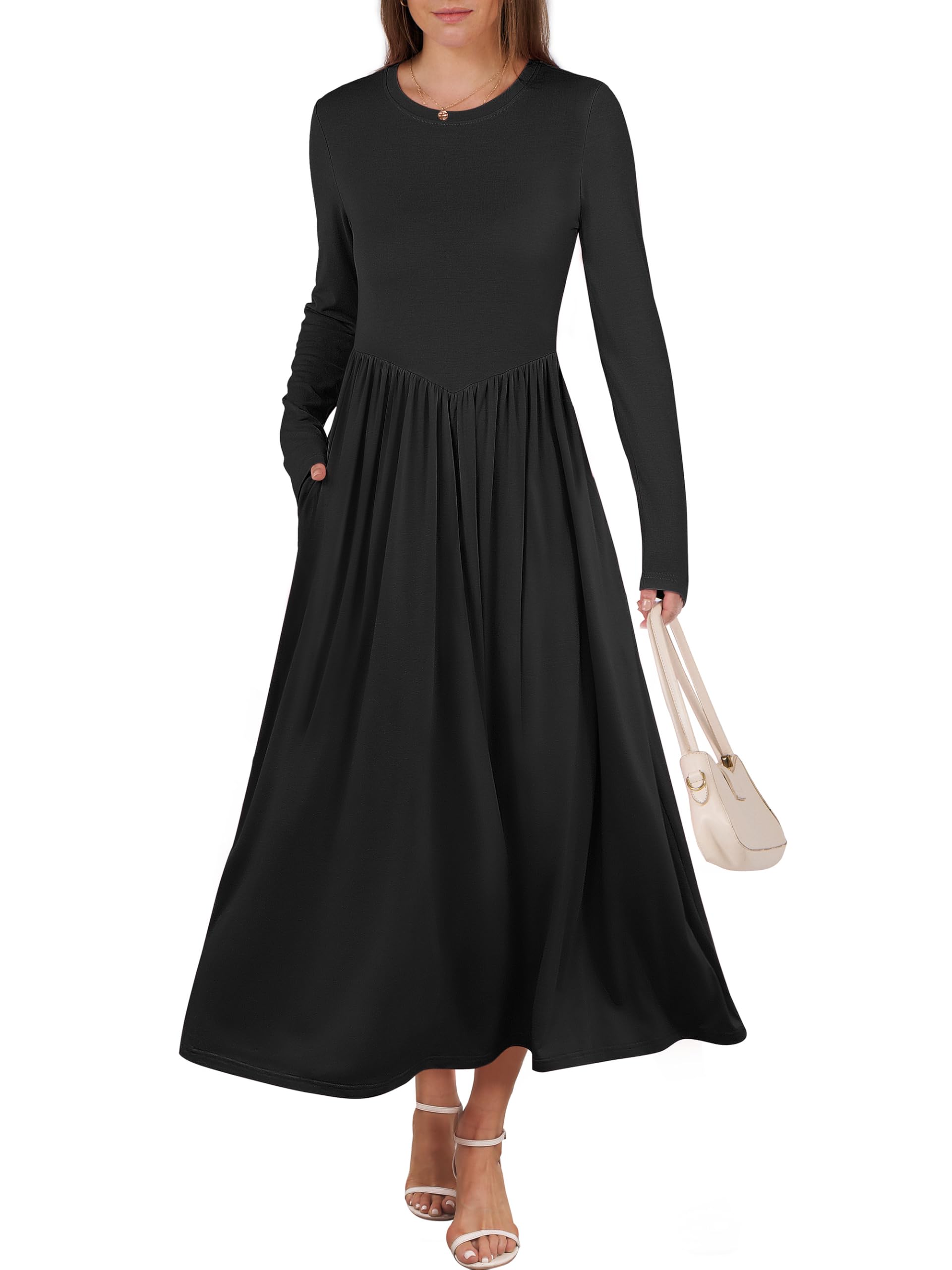 ANRABESS Women's Long Sleeve Maxi Dress - Crew Neck Casual Slim Fit Pleated Midi Dress with Pockets | Spring 2025 Fashion | Perfect for Office, Date Night & Weekend Outings